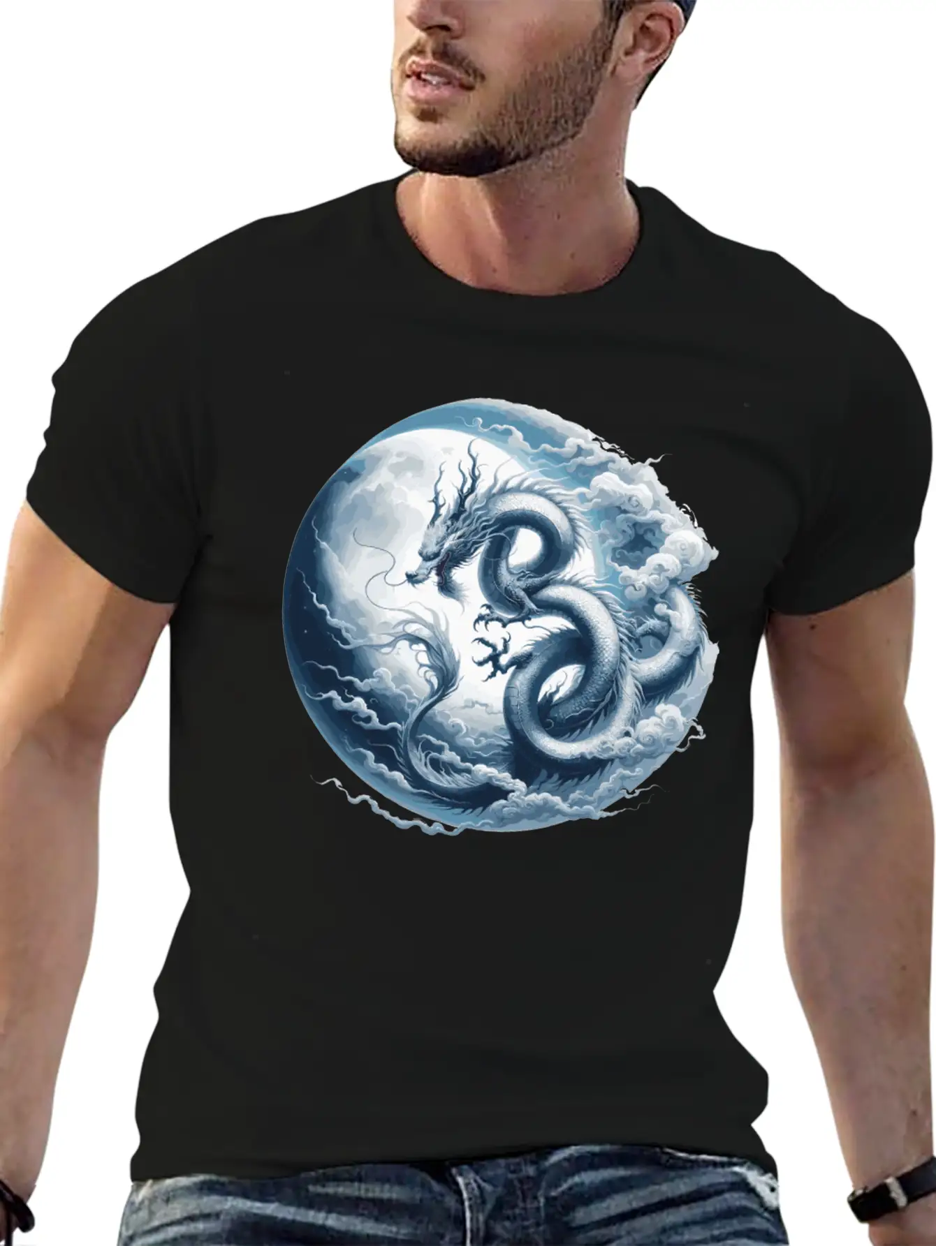 Dragon Moon Chinese Dragon Zodiac Symbol Unisex Short Sleeve Soft Cotton T-Shirt – Casual Everyday Wear