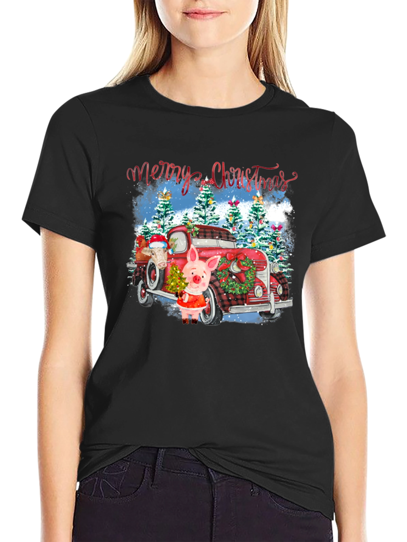 Festive Christmas Pig & Truck Graphic T-Shirt