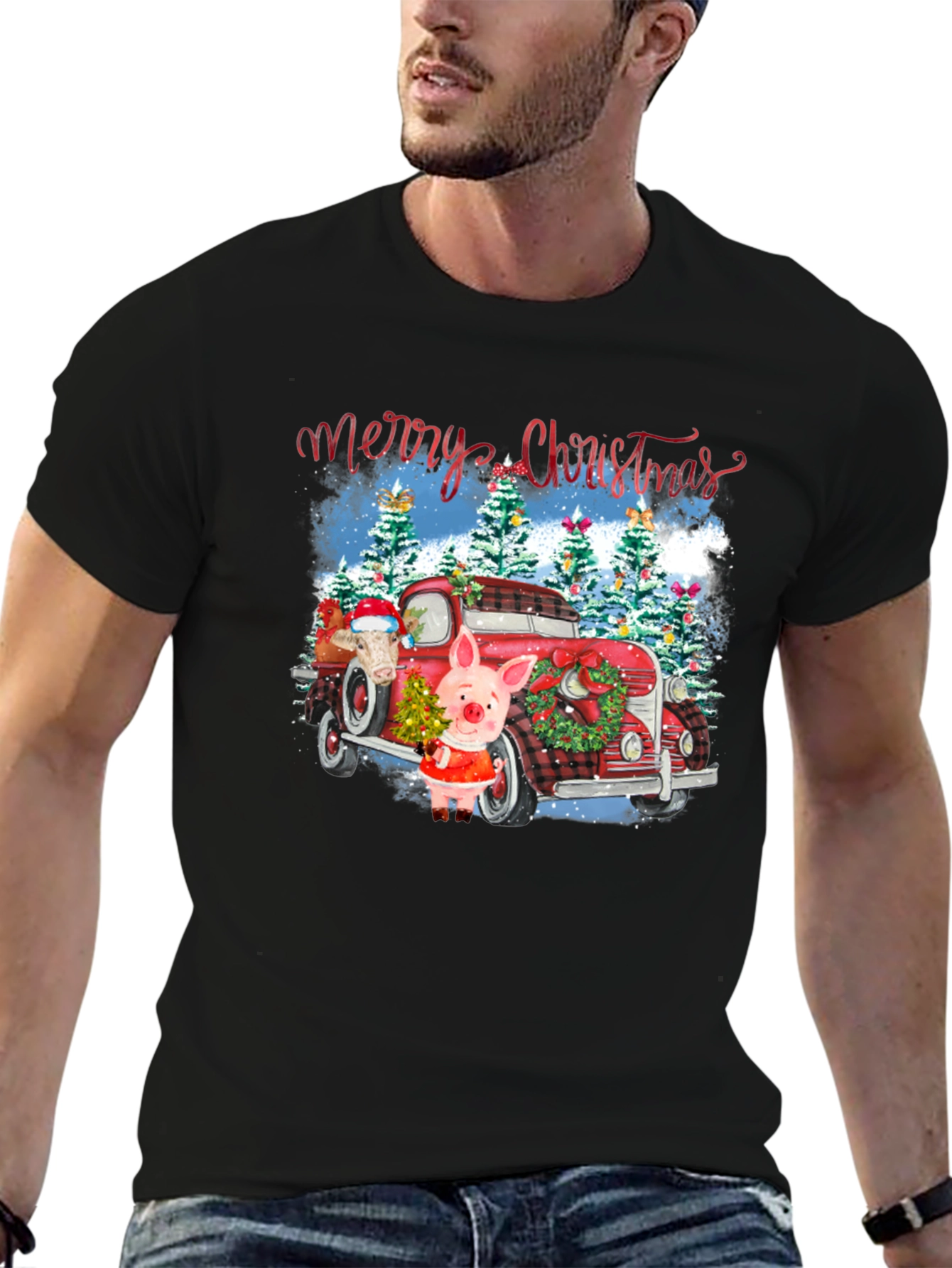 Festive Christmas Pig & Truck Graphic T-Shirt