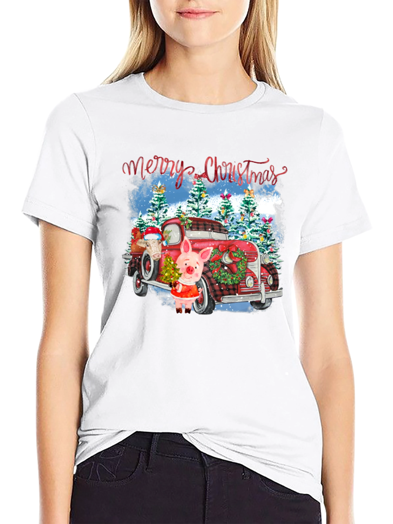 Festive Christmas Pig & Truck Graphic T-Shirt