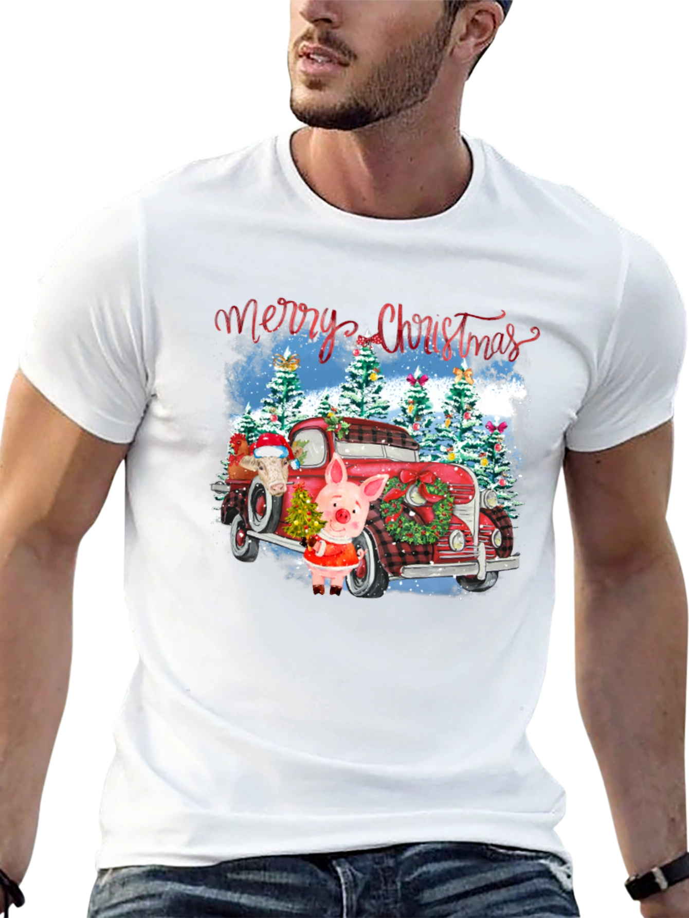 Festive Christmas Pig & Truck Graphic T-Shirt