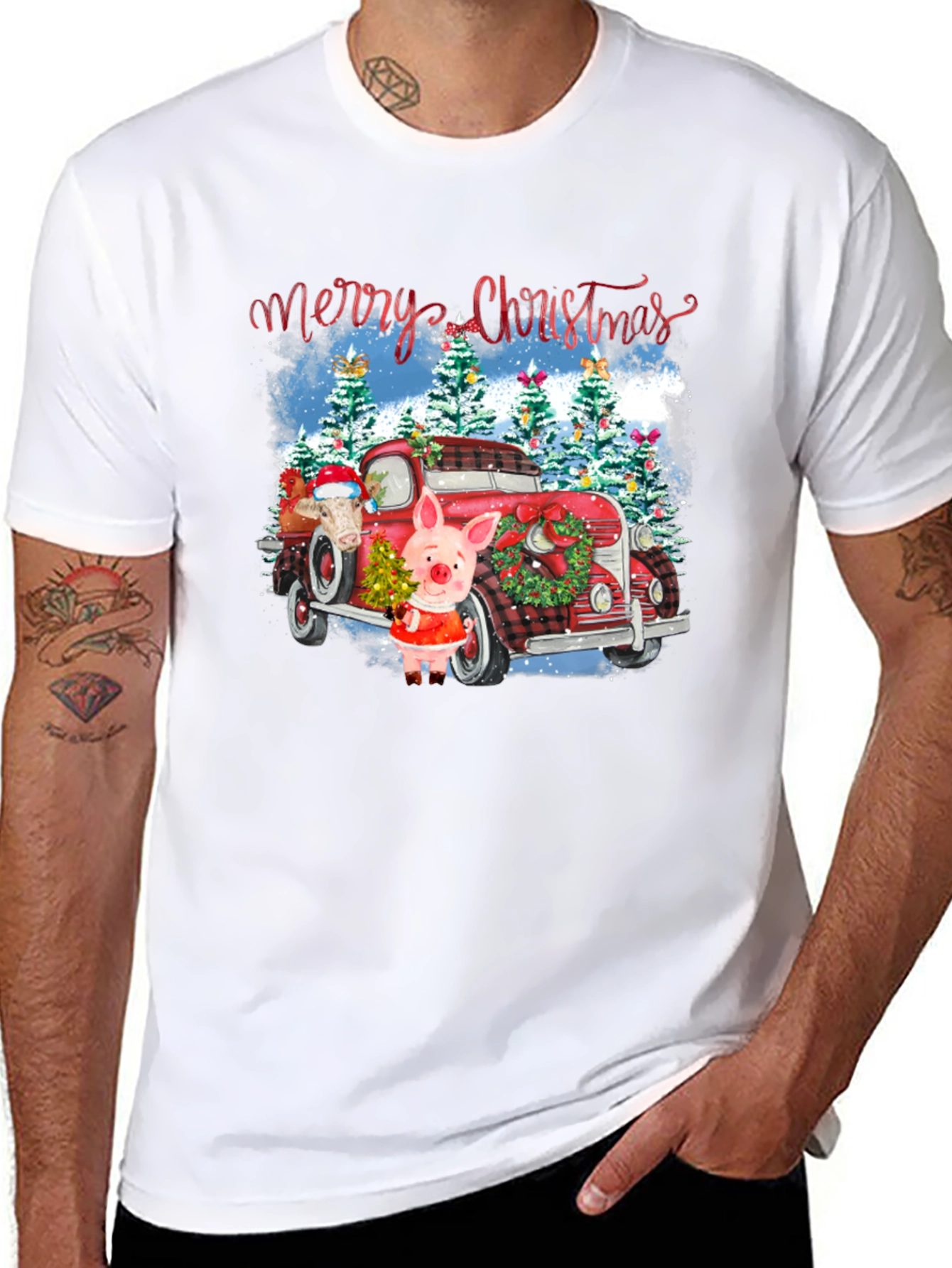 Festive Christmas Pig & Truck Graphic T-Shirt