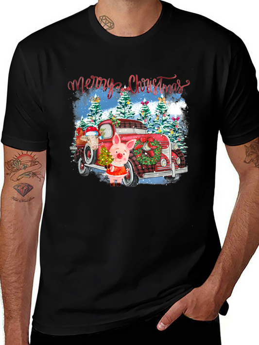 Festive Christmas Pig & Truck Graphic T-Shirt