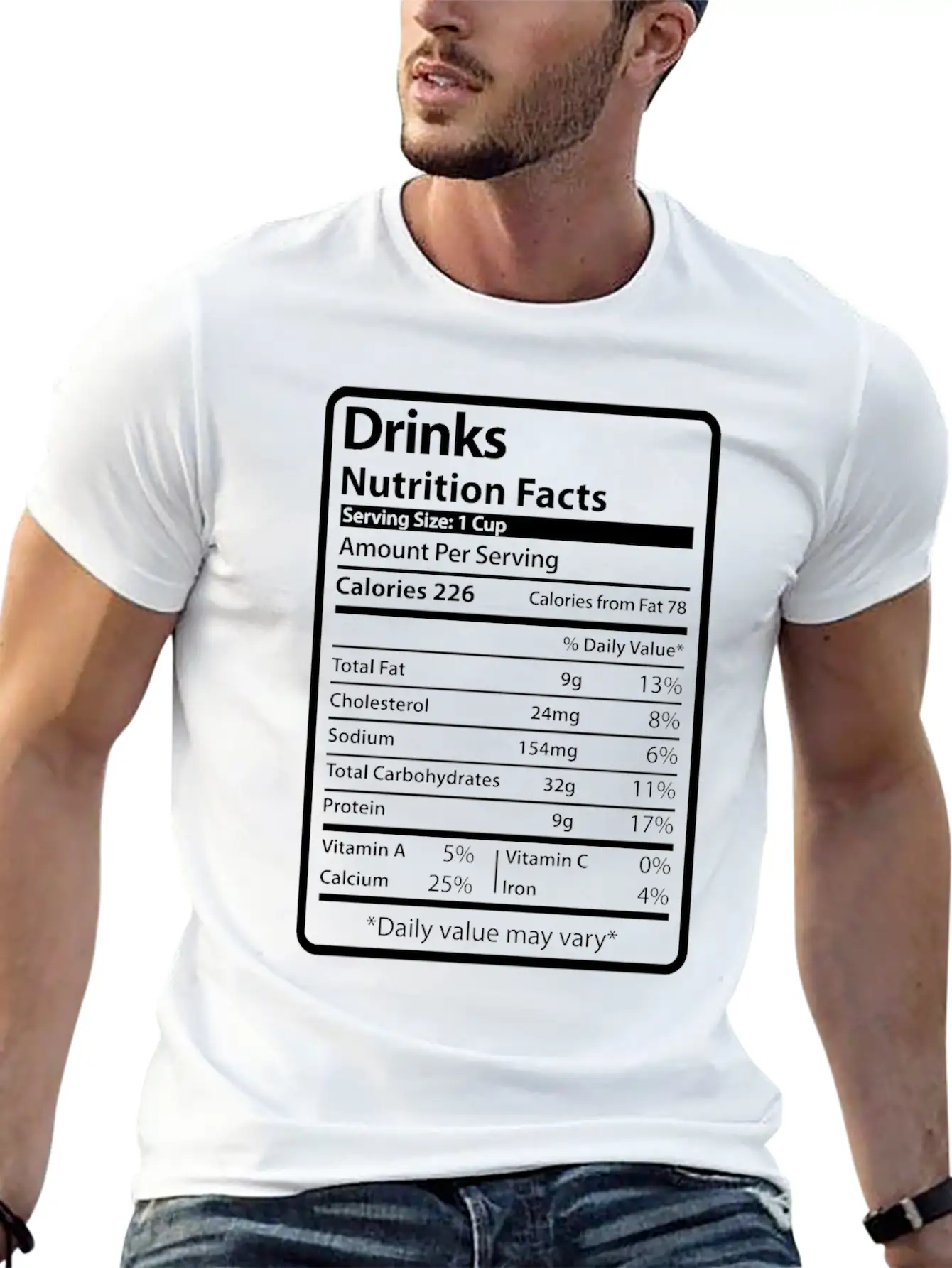 Drinks Funny Nutrition Facts Unisex Short Sleeve Soft Cotton T-Shirt – Casual Everyday Wear