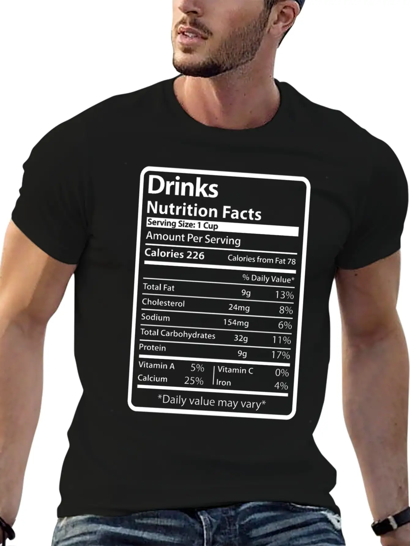 Drinks Funny Nutrition Facts Unisex Short Sleeve Soft Cotton T-Shirt – Casual Everyday Wear
