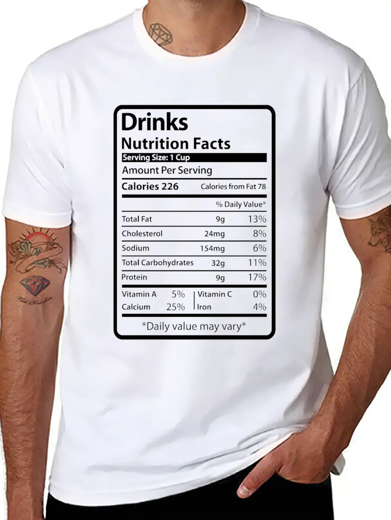 Drinks Funny Nutrition Facts Unisex Short Sleeve Soft Cotton T-Shirt – Casual Everyday Wear