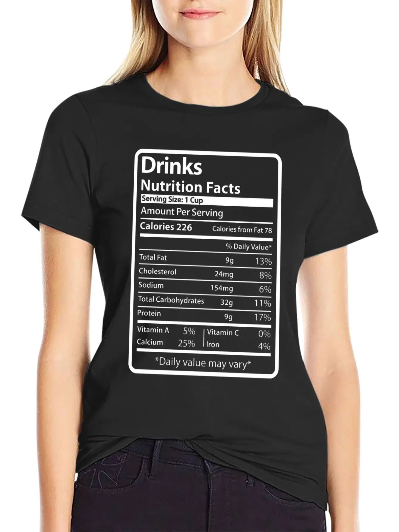 Drinks Funny Nutrition Facts Unisex Short Sleeve Soft Cotton T-Shirt – Casual Everyday Wear