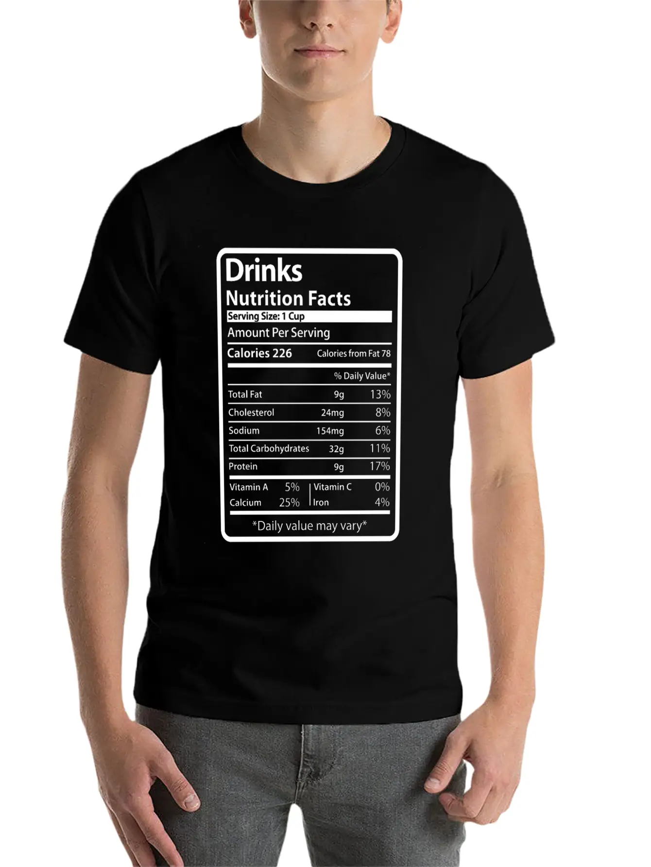 Drinks Funny Nutrition Facts Unisex Short Sleeve Soft Cotton T-Shirt – Casual Everyday Wear