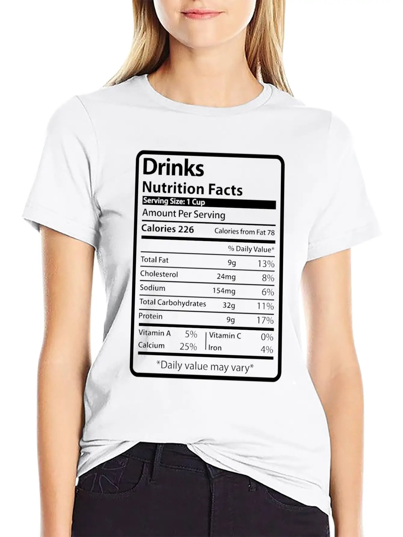 Drinks Funny Nutrition Facts Unisex Short Sleeve Soft Cotton T-Shirt – Casual Everyday Wear