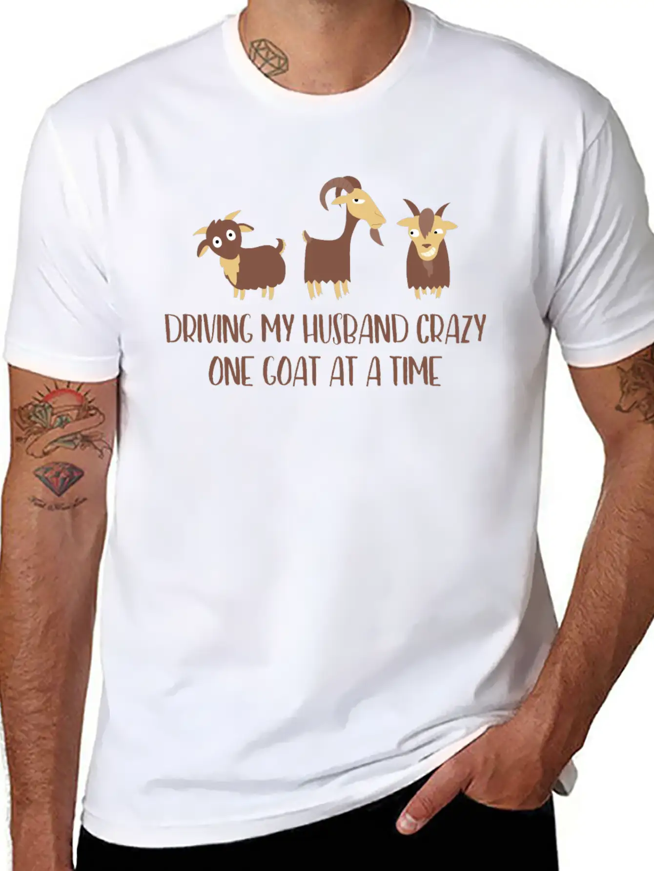 Driving My Husband Crazy One Goat At A Time Funny Stylish Everyday T-Shirt – Unisex Basic Cotton Tee