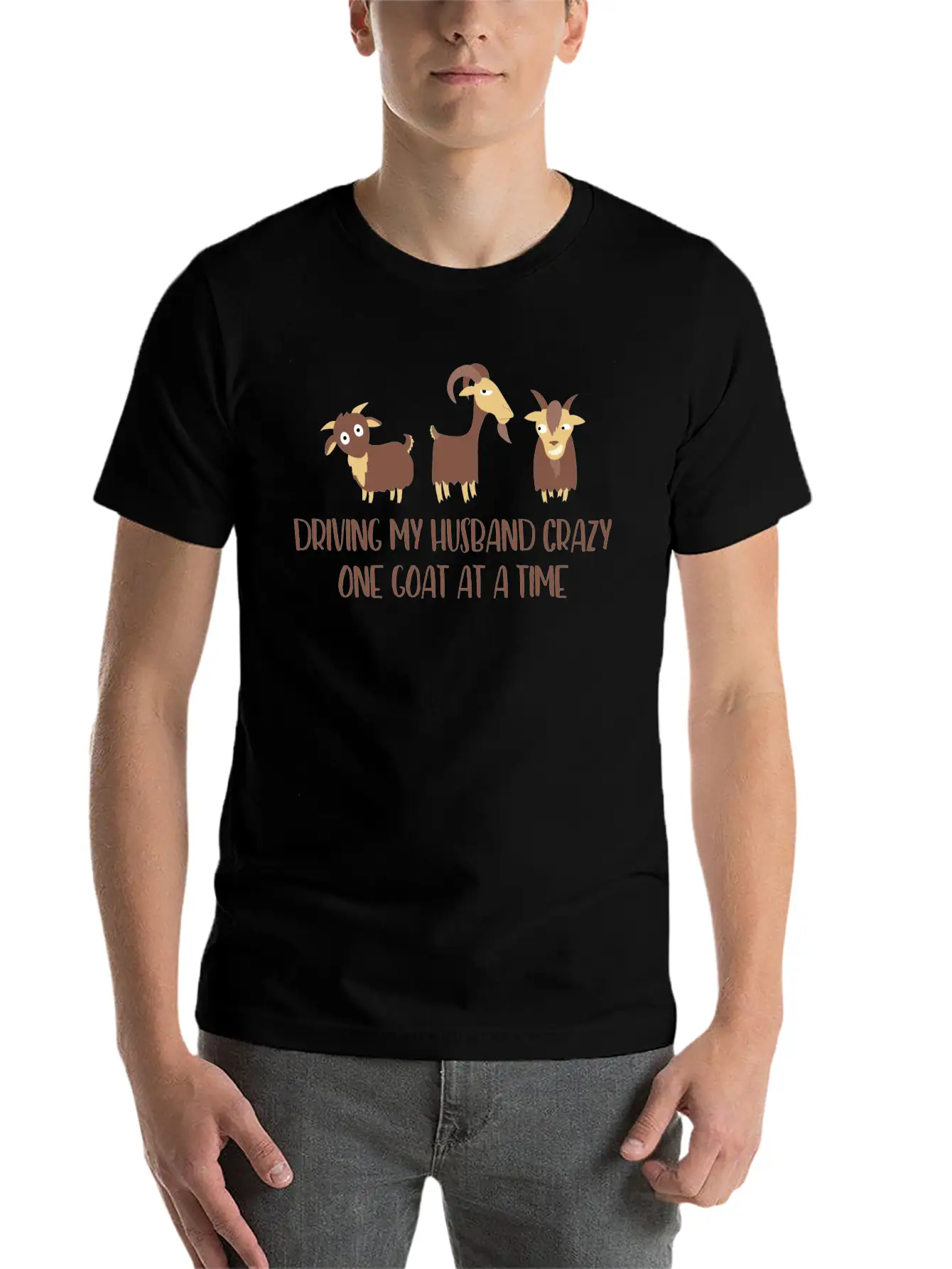 Driving My Husband Crazy One Goat At A Time Funny Stylish Everyday T-Shirt – Unisex Basic Cotton Tee