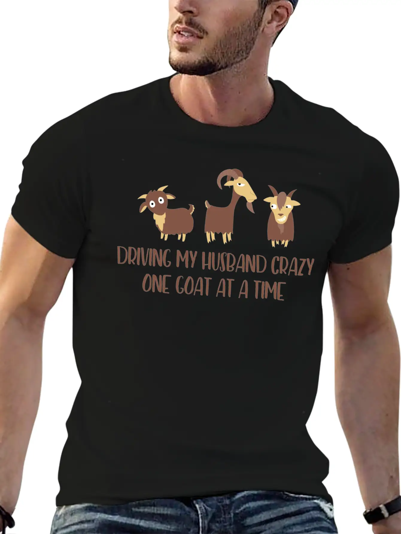 Driving My Husband Crazy One Goat At A Time Funny Stylish Everyday T-Shirt – Unisex Basic Cotton Tee