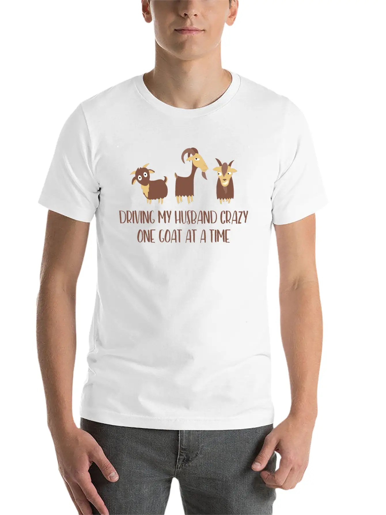 Driving My Husband Crazy One Goat At A Time Funny Stylish Everyday T-Shirt – Unisex Basic Cotton Tee