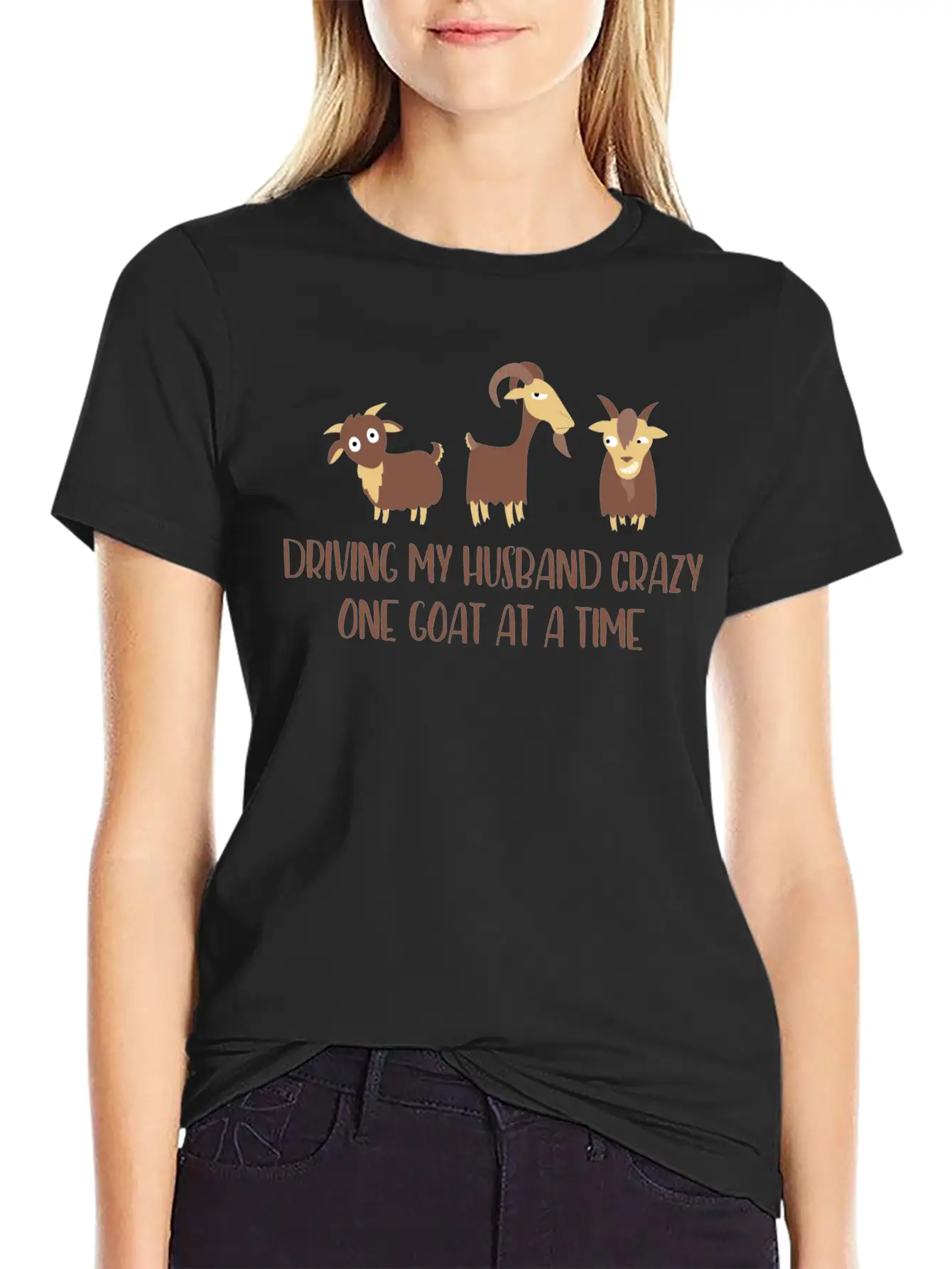 Driving My Husband Crazy One Goat At A Time Funny Stylish Everyday T-Shirt – Unisex Basic Cotton Tee