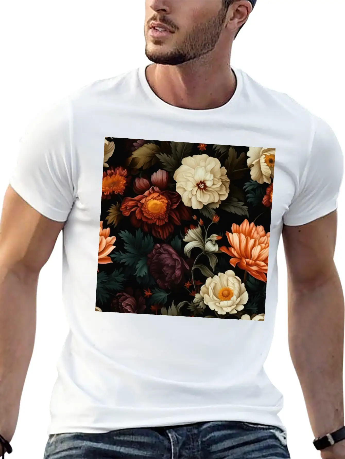 Dutch Nocturne: Luminous Floral Pastoral On Black Unisex Casual T-Shirt – Clean Design For Daily Comfort