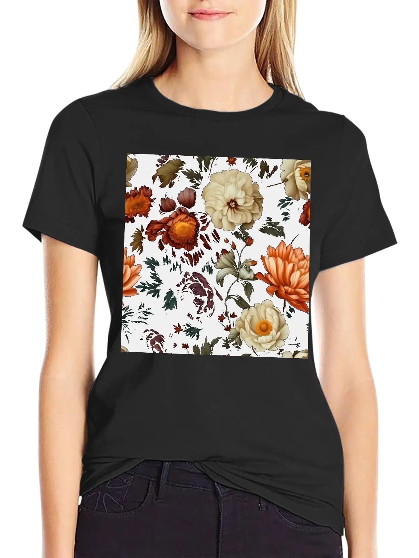 Dutch Nocturne: Luminous Floral Pastoral On Black Unisex Casual T-Shirt – Clean Design For Daily Comfort