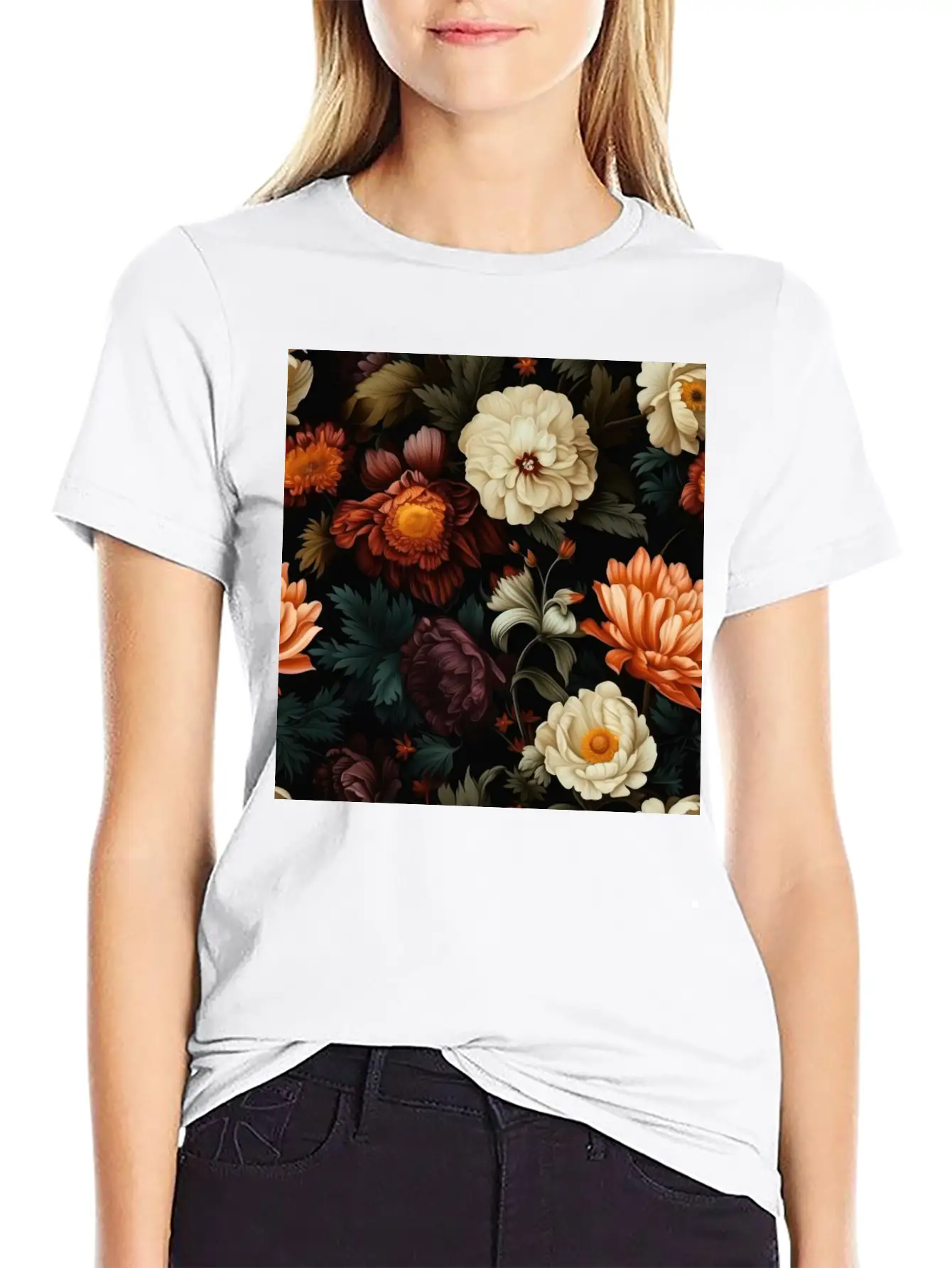 Dutch Nocturne: Luminous Floral Pastoral On Black Unisex Casual T-Shirt – Clean Design For Daily Comfort