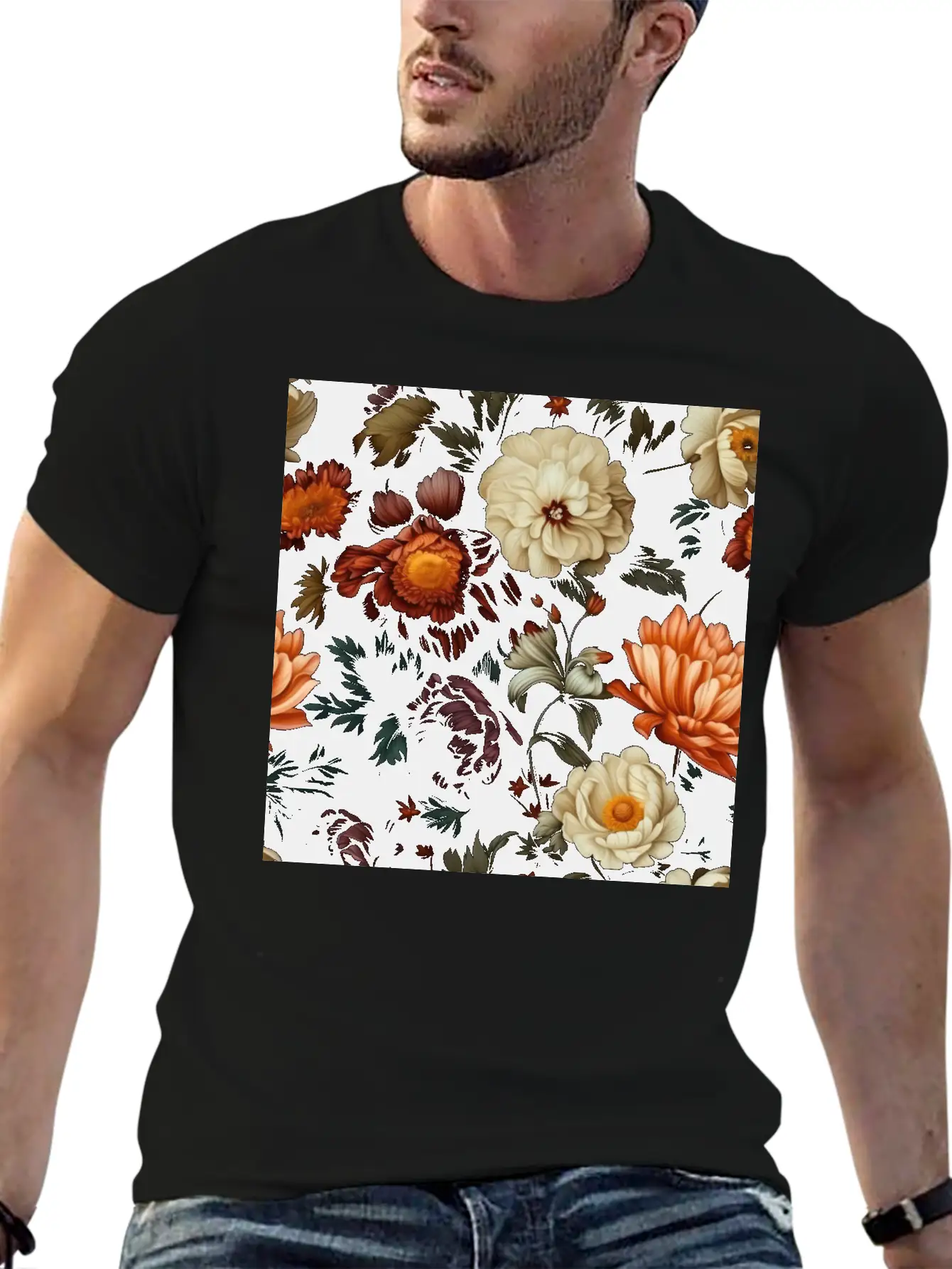 Dutch Nocturne: Luminous Floral Pastoral On Black Unisex Casual T-Shirt – Clean Design For Daily Comfort