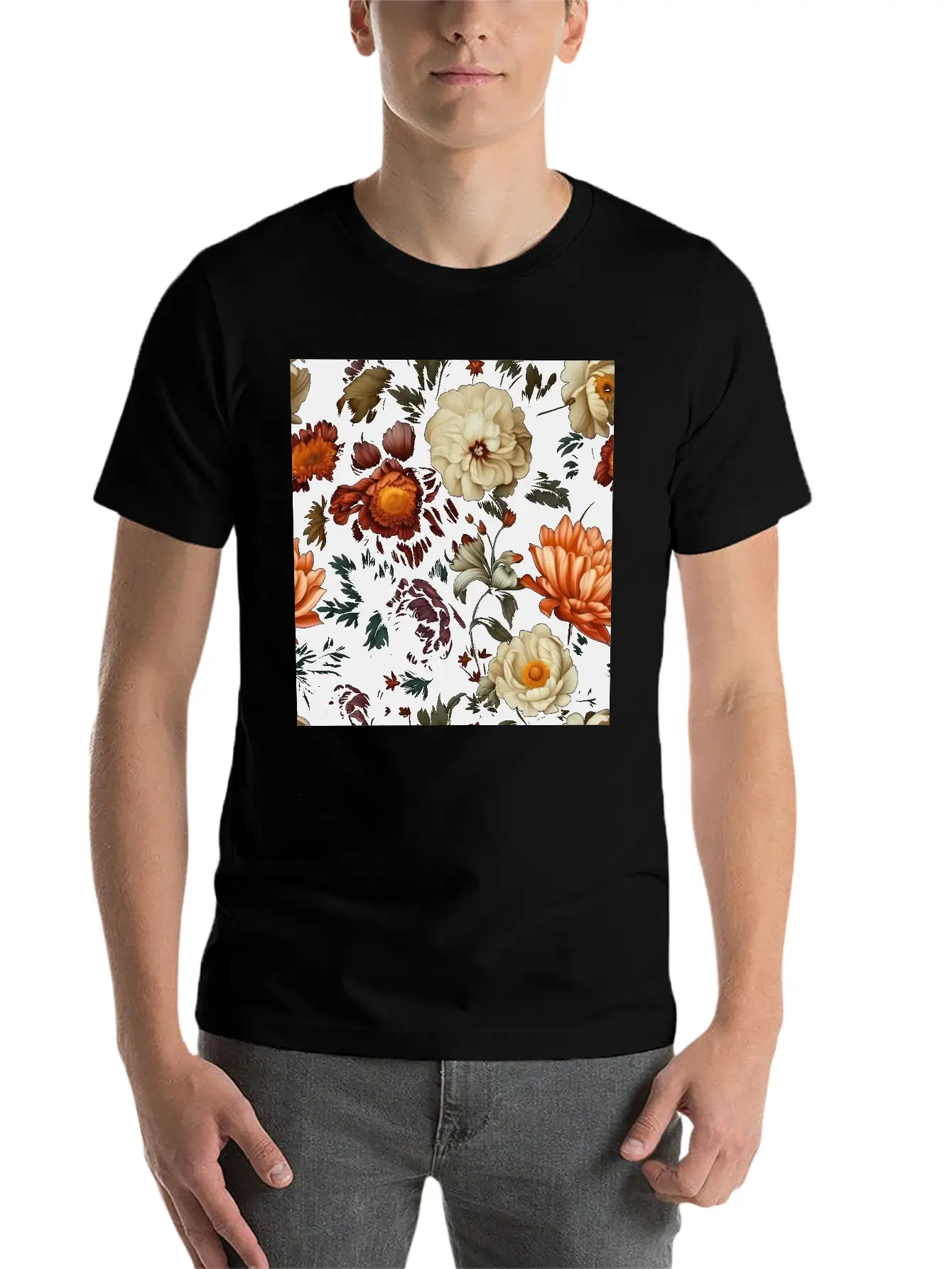 Dutch Nocturne: Luminous Floral Pastoral On Black Unisex Casual T-Shirt – Clean Design For Daily Comfort