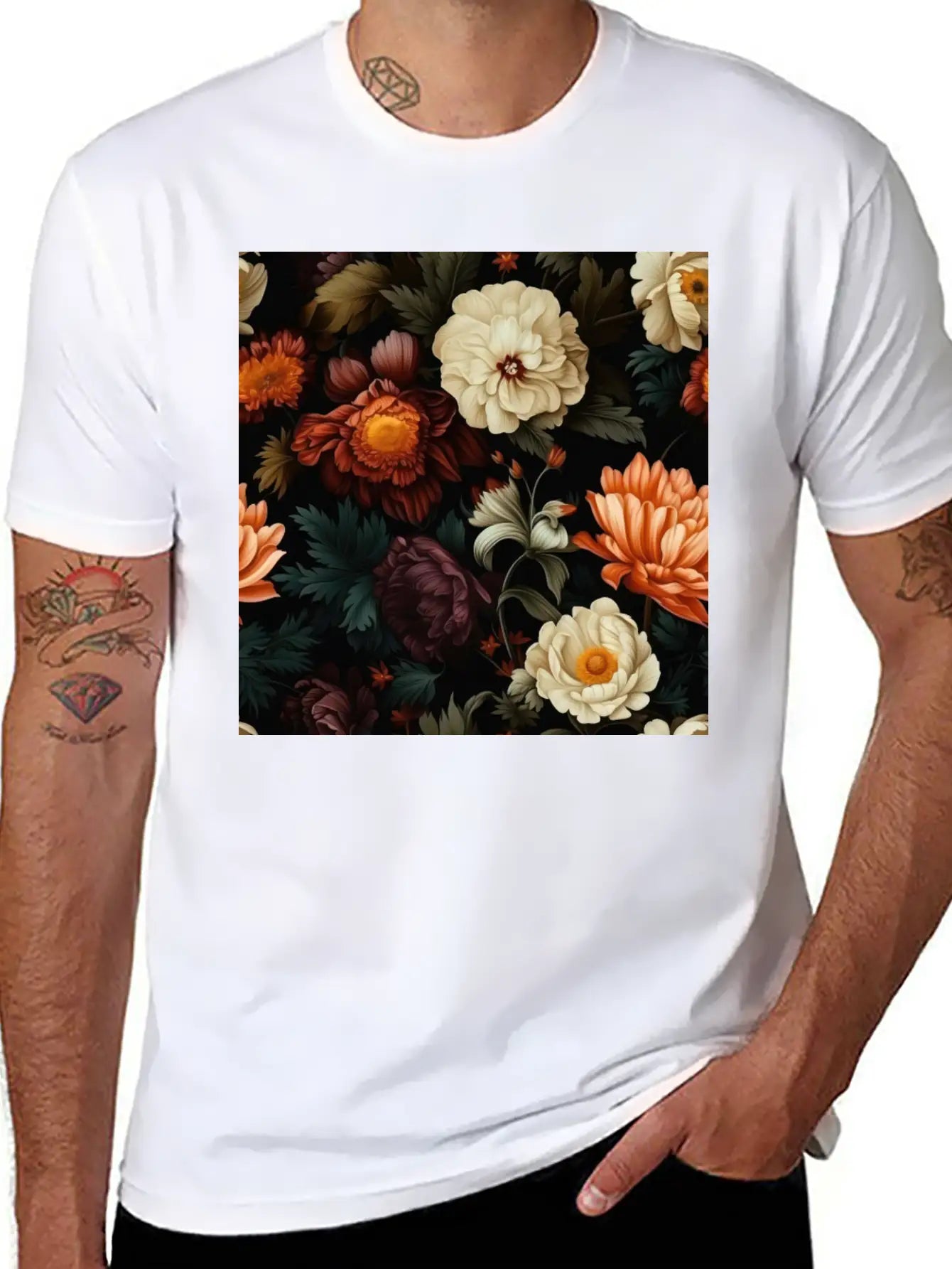 Dutch Nocturne: Luminous Floral Pastoral On Black Unisex Casual T-Shirt – Clean Design For Daily Comfort