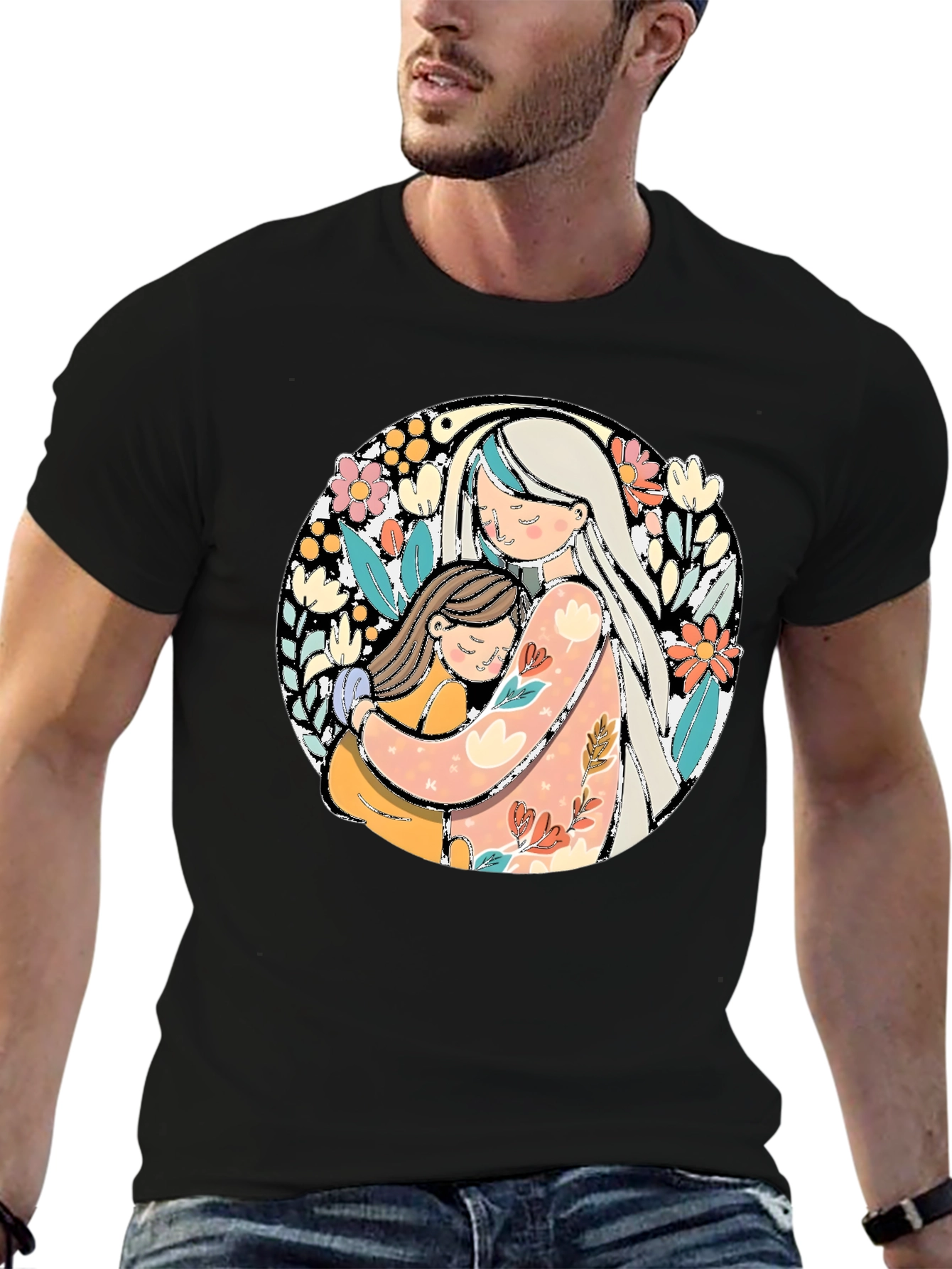 Mom & Daughter Hug Graphic Tee - Black