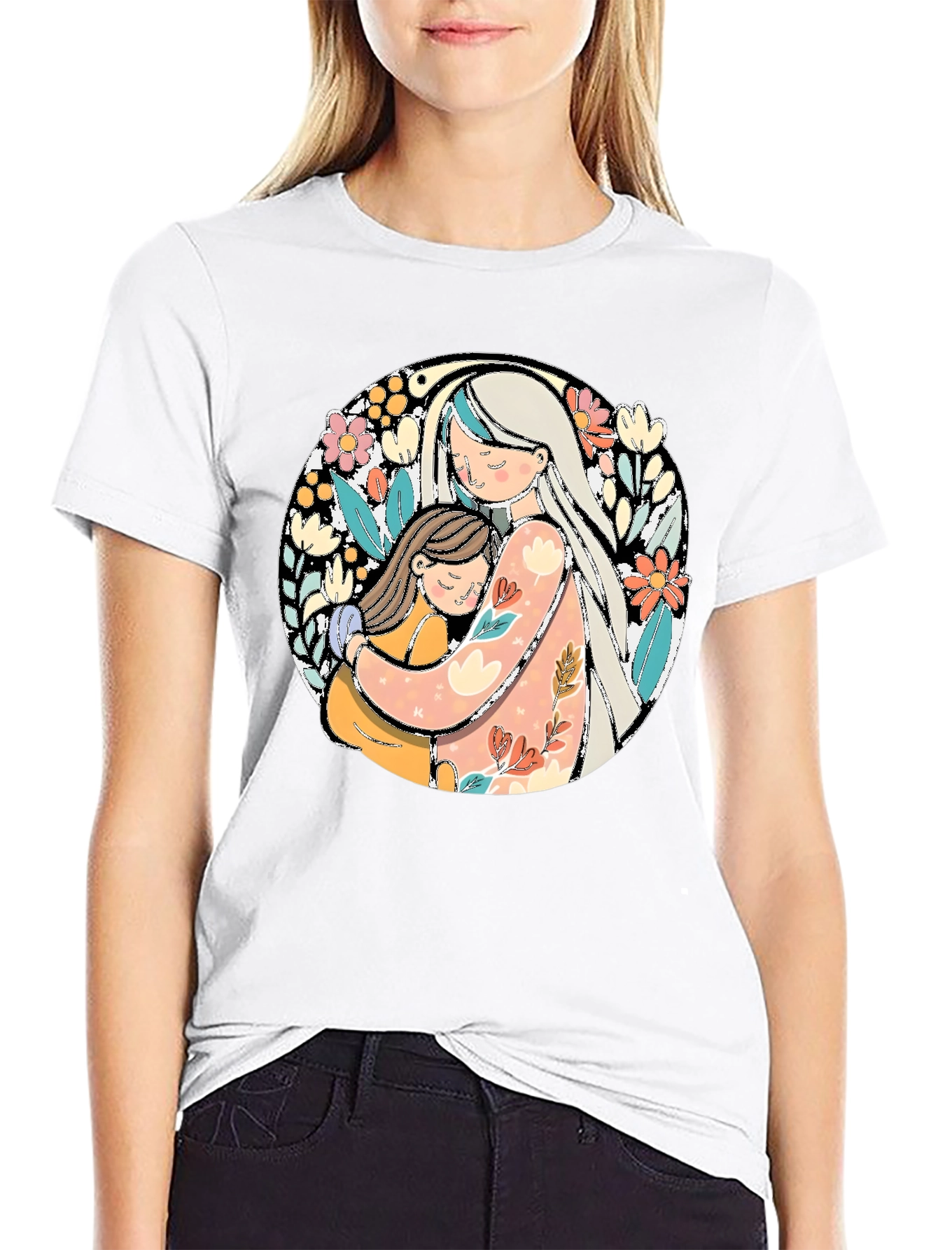 Mom & Daughter Hug Graphic Tee - Black