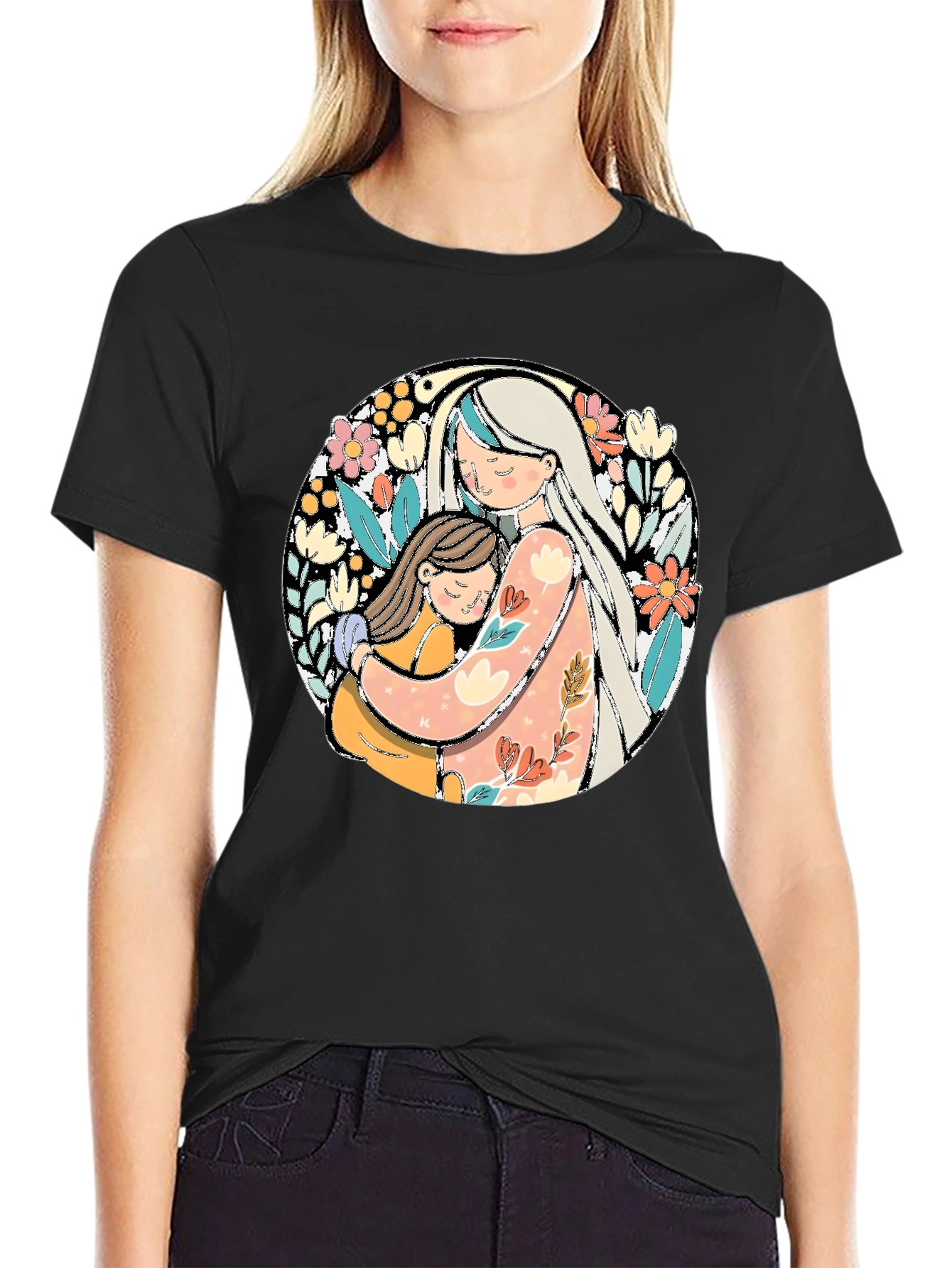 Mom & Daughter Hug Graphic Tee - Black