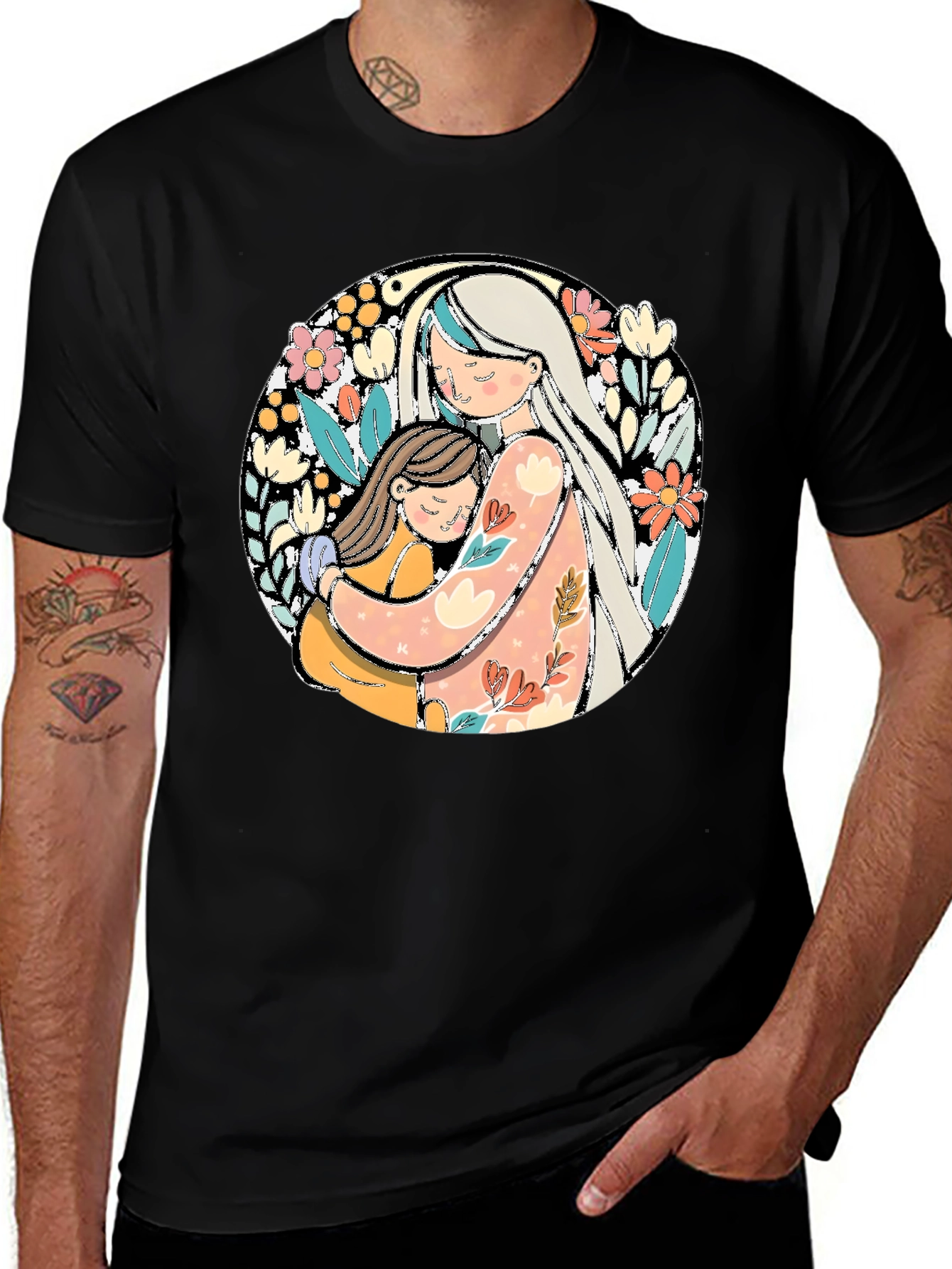 Mom & Daughter Hug Graphic Tee - Black