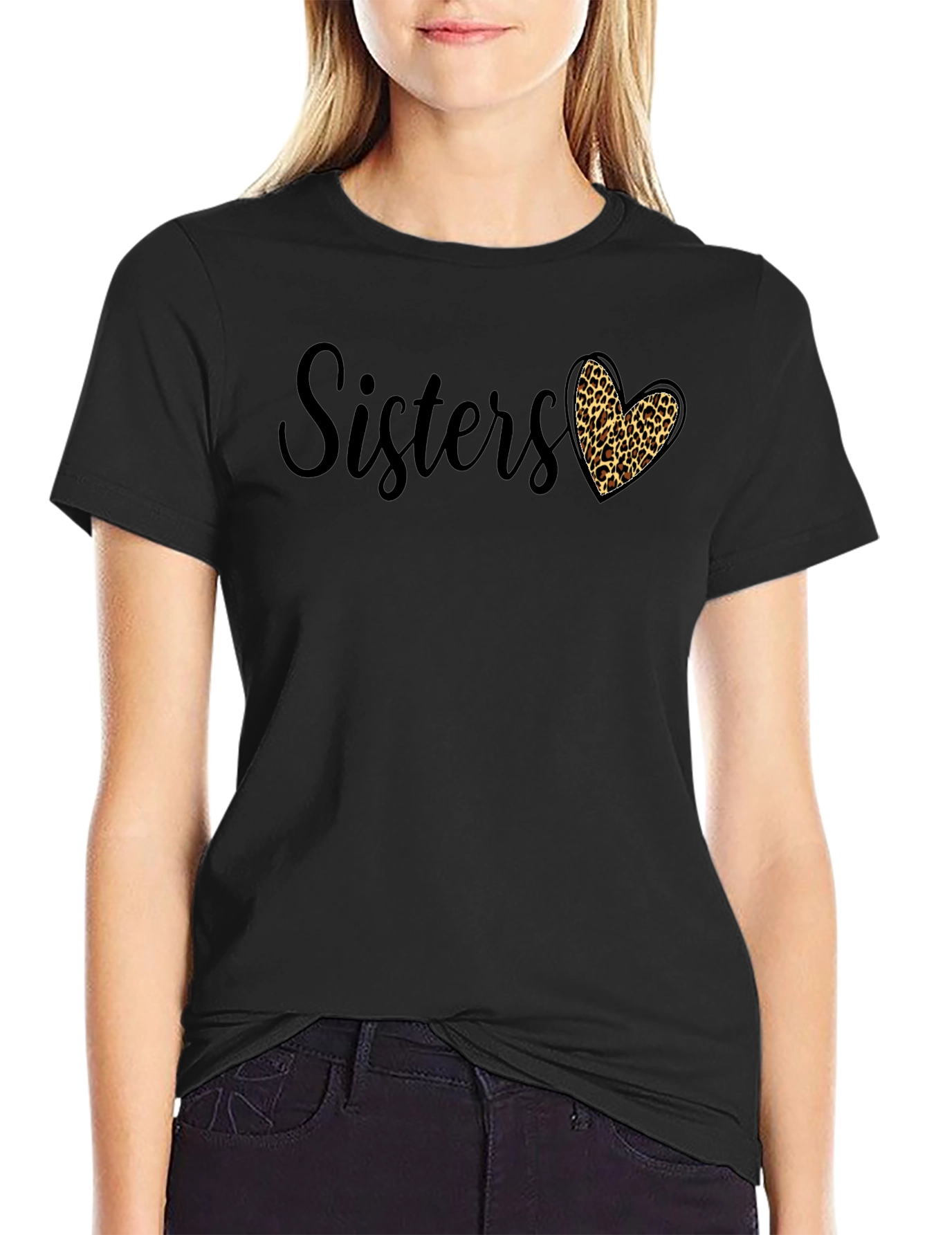 Sisters Leopard Print Heart Graphic Tee