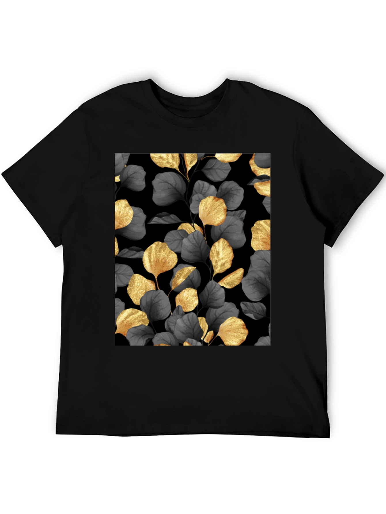 Elegant Gold Leaf Print Black T-Shirt