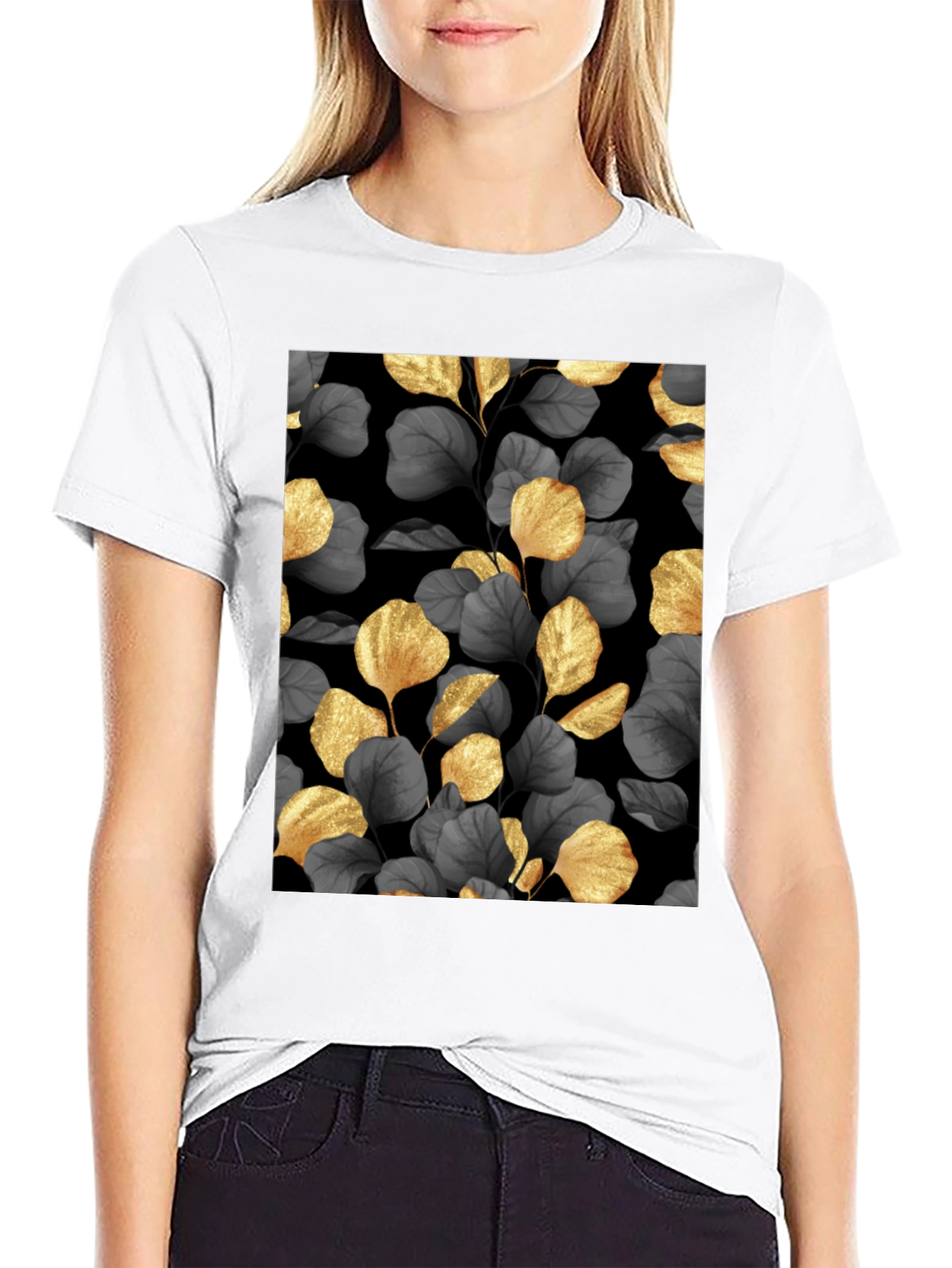 Elegant Gold Leaf Print Black T-Shirt