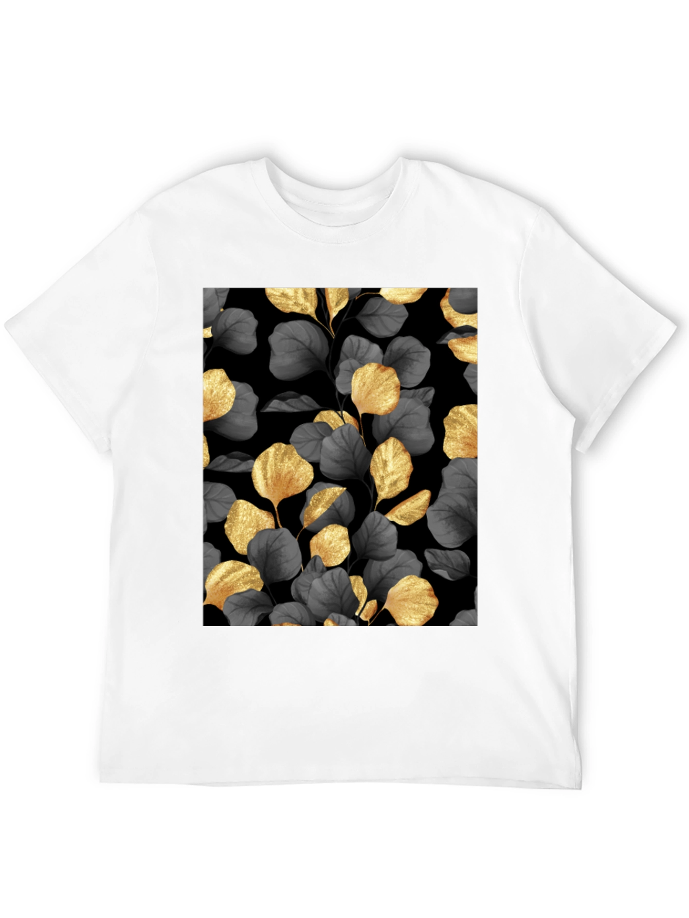 Elegant Gold Leaf Print Black T-Shirt