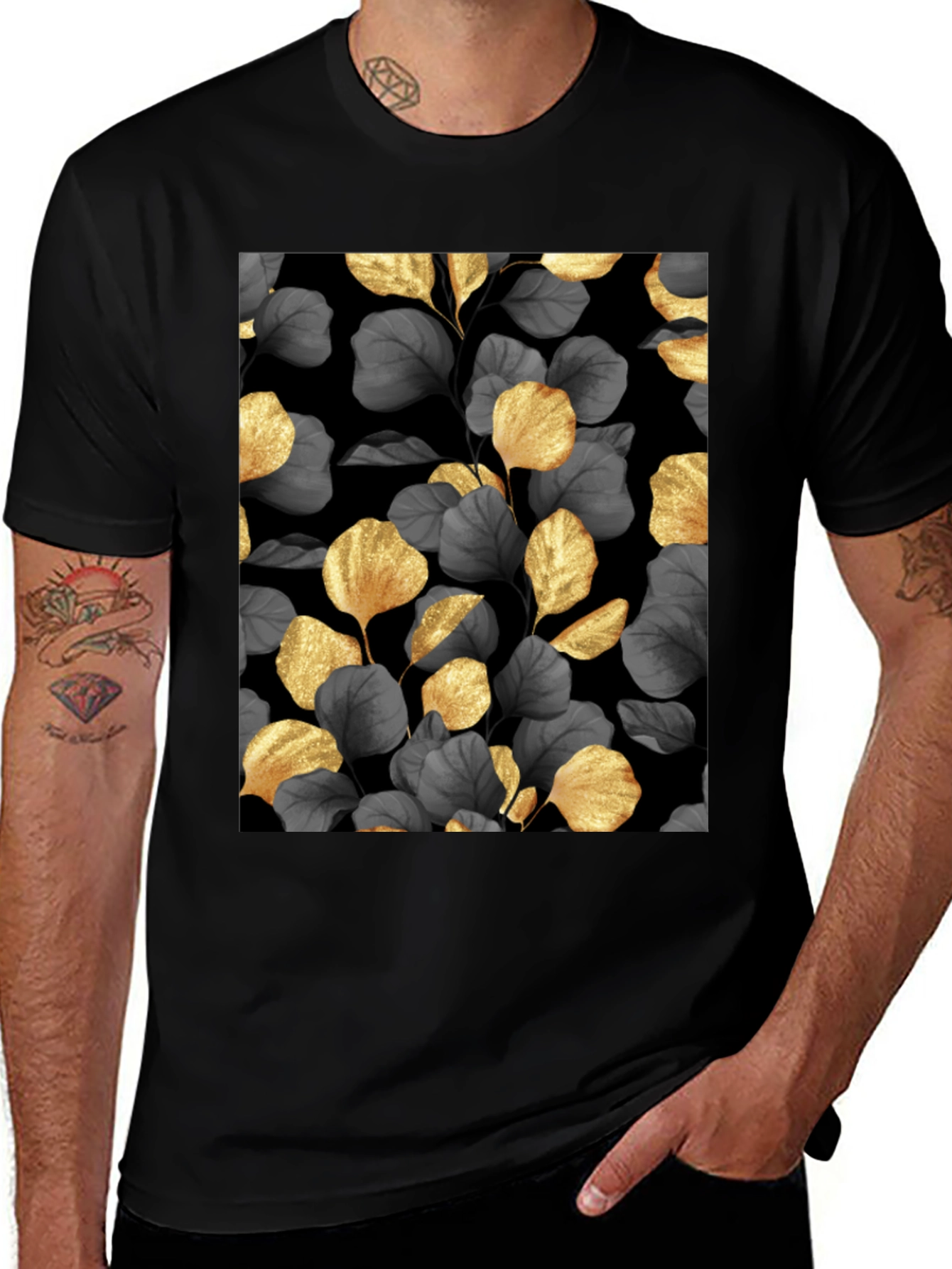 Elegant Gold Leaf Print Black T-Shirt