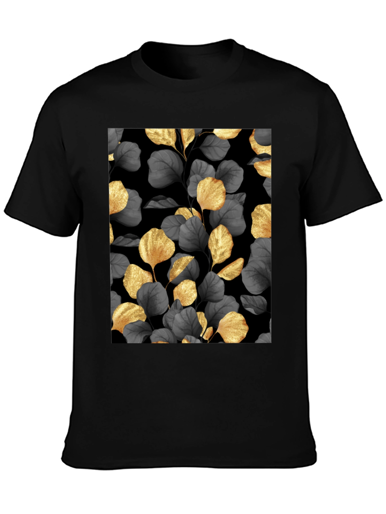 Elegant Gold Leaf Print Black T-Shirt