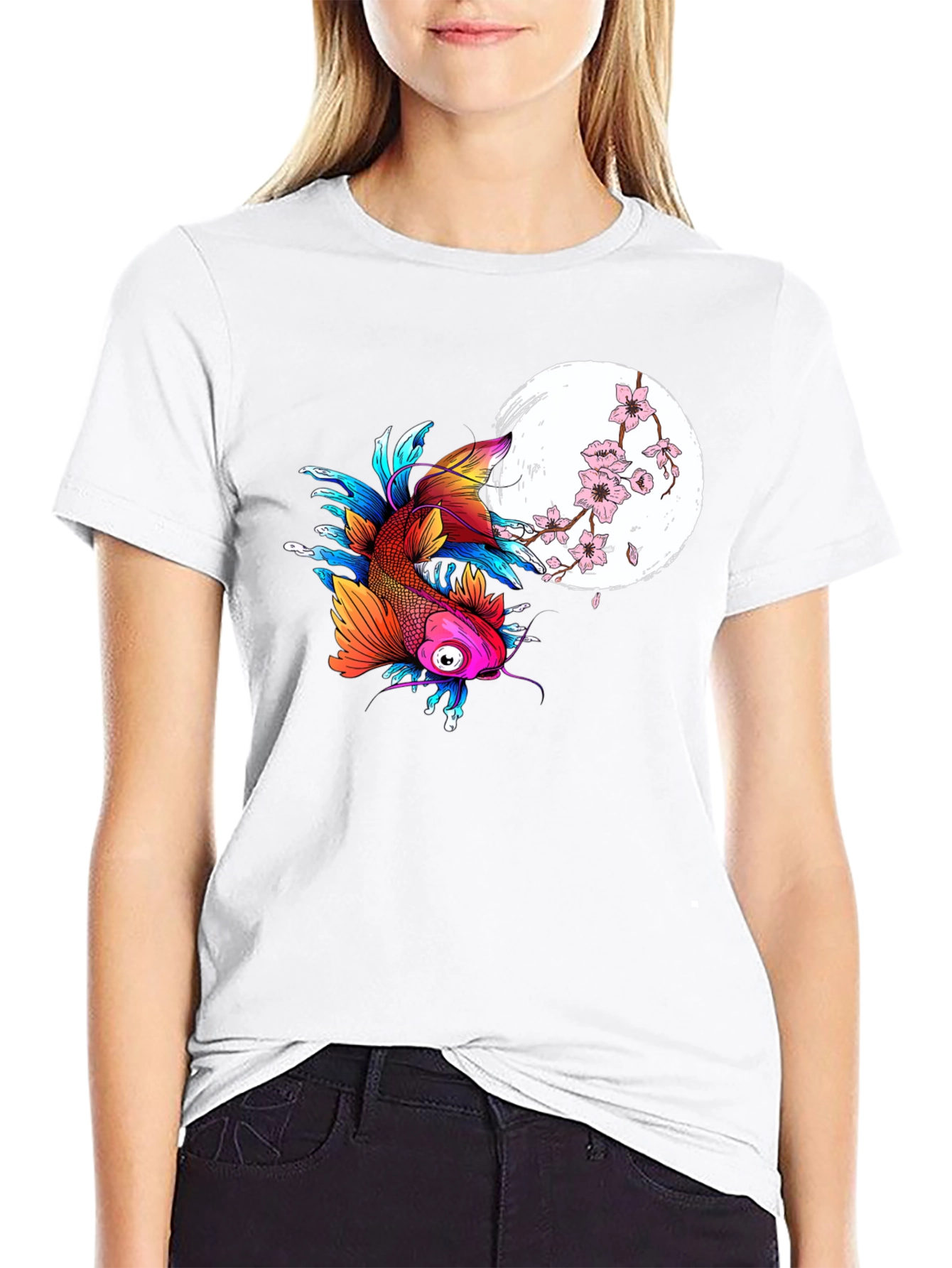 Koi Fish Cherry Blossom Graphic Black Tee