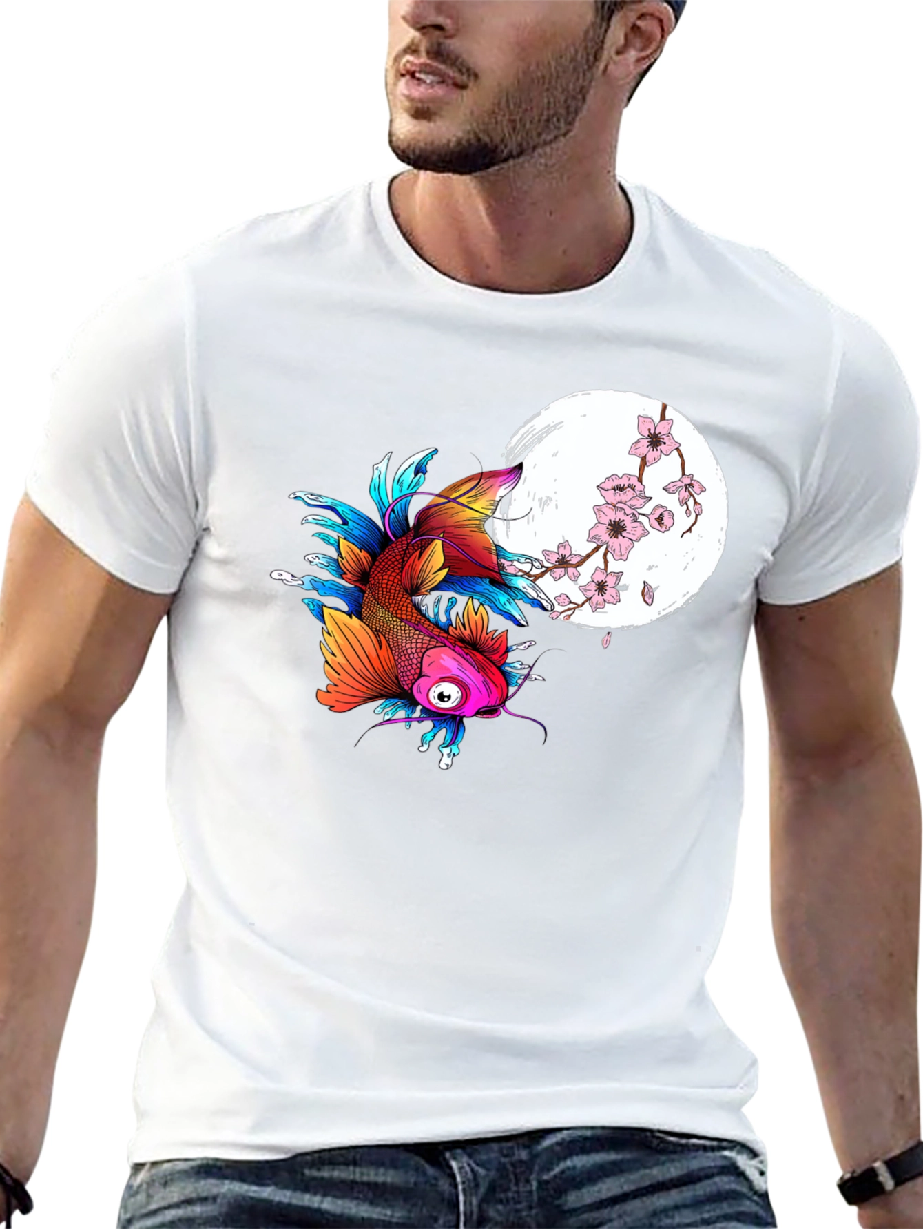 Koi Fish Cherry Blossom Graphic Black Tee
