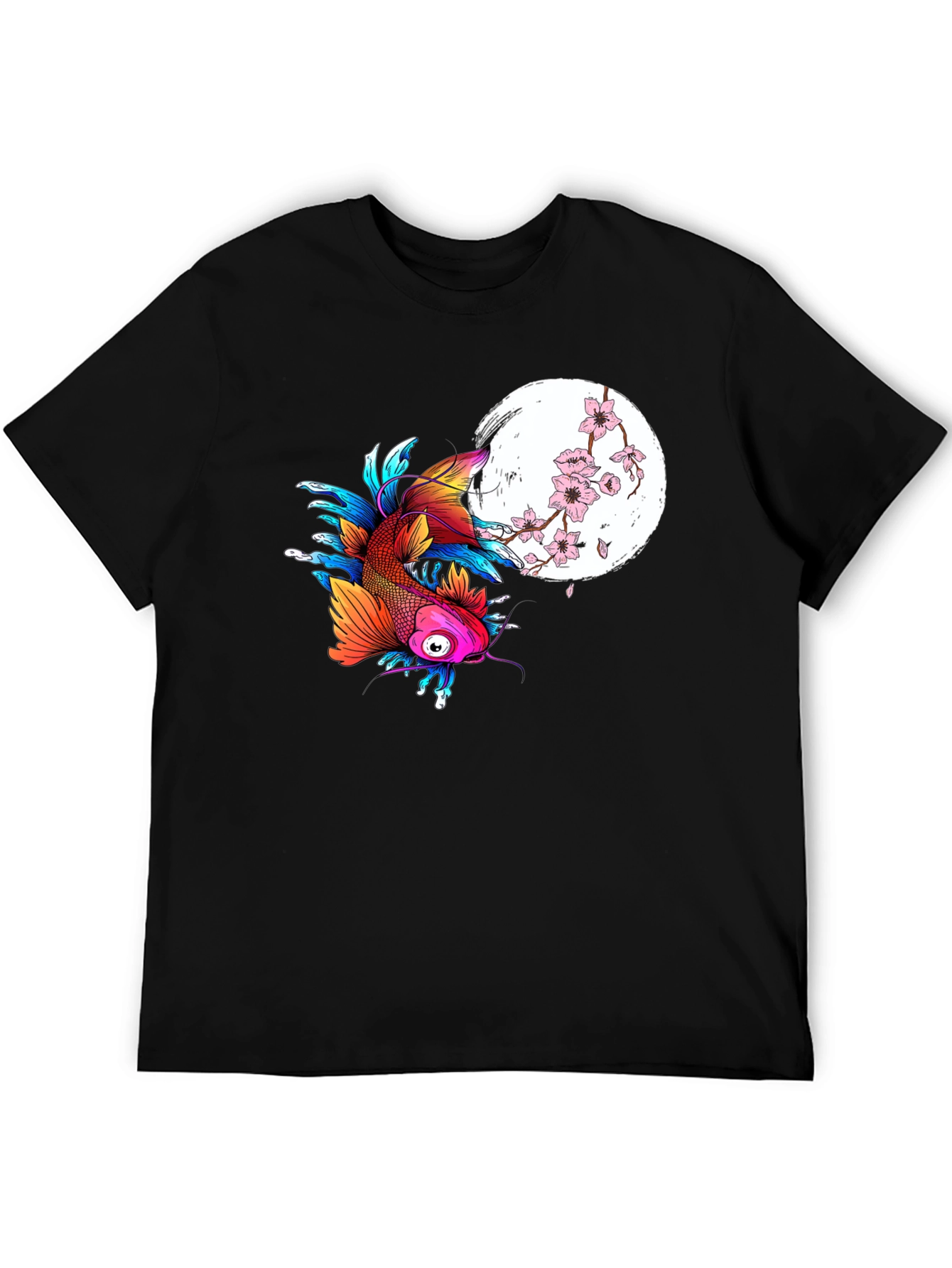 Koi Fish Cherry Blossom Graphic Black Tee