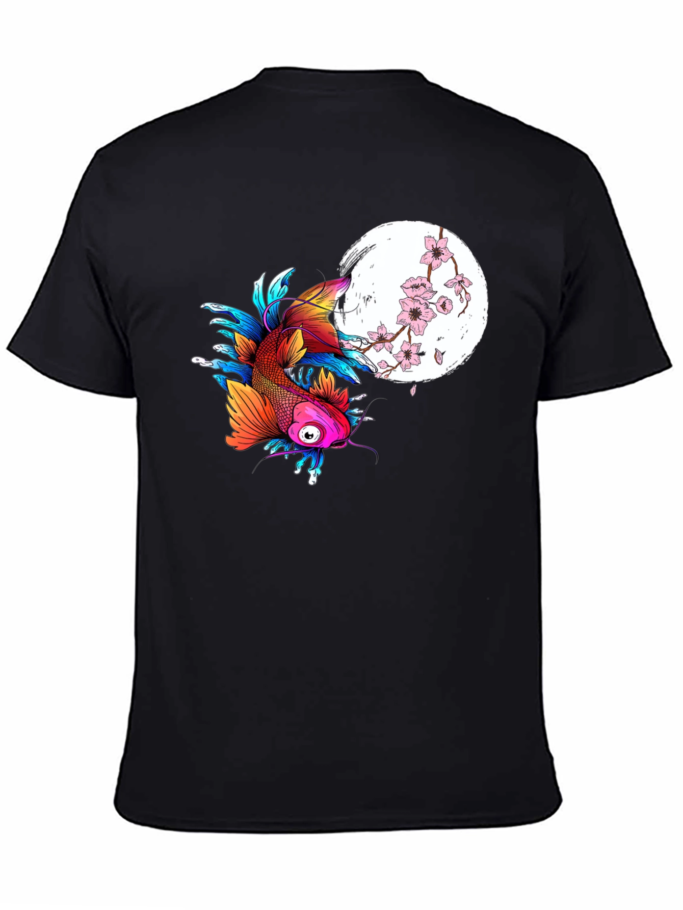 Koi Fish Cherry Blossom Graphic Black Tee