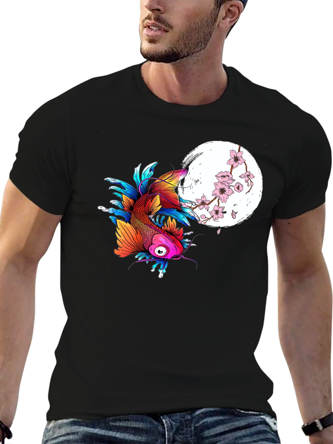 Koi Fish Cherry Blossom Graphic Black Tee