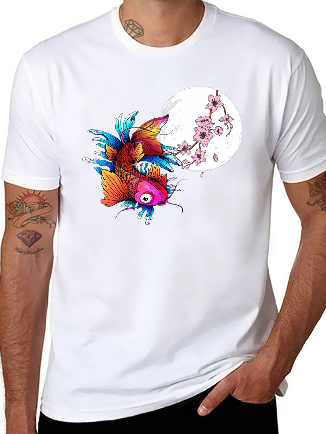 Koi Fish Cherry Blossom Graphic Black Tee
