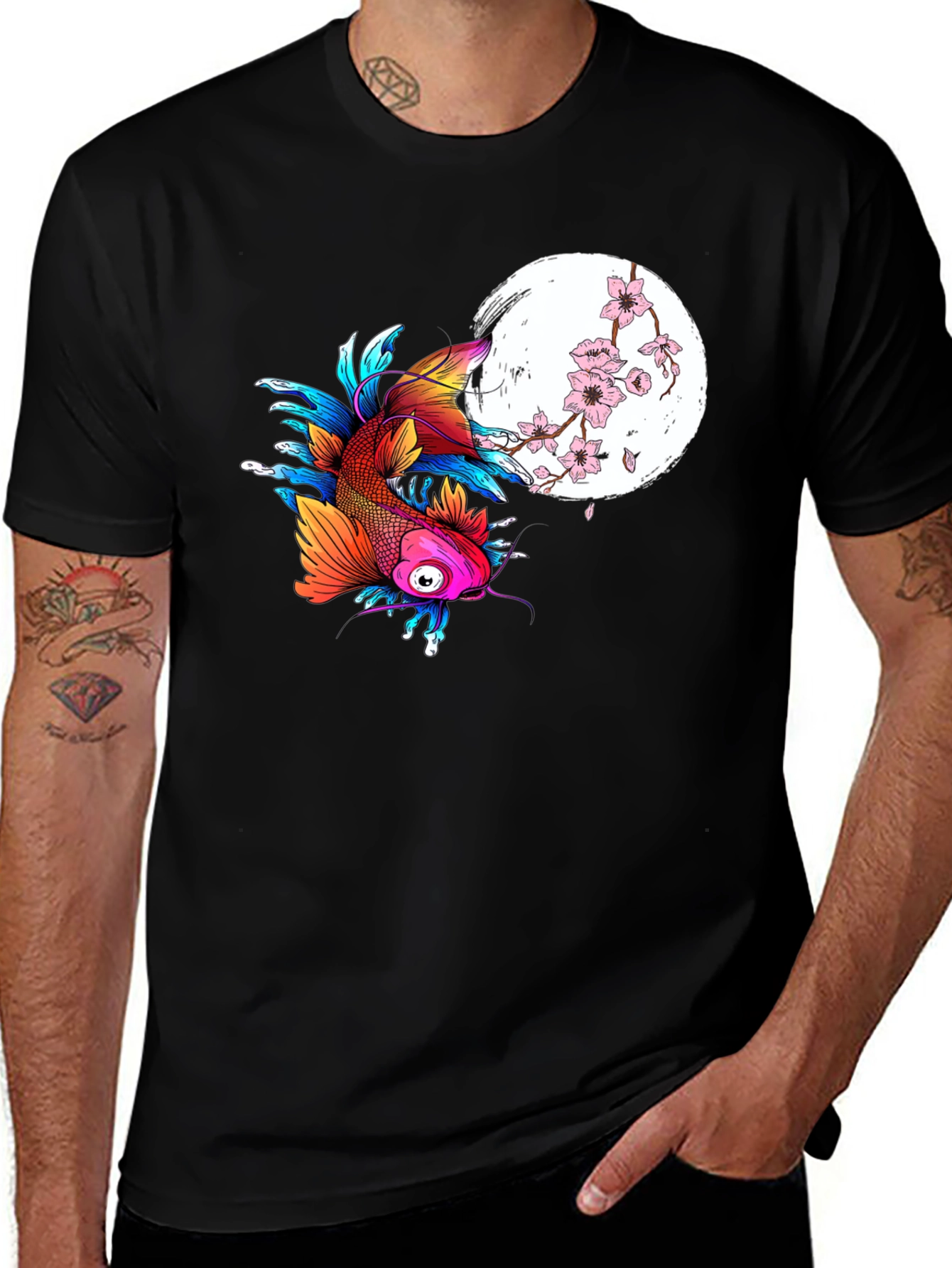Koi Fish Cherry Blossom Graphic Black Tee