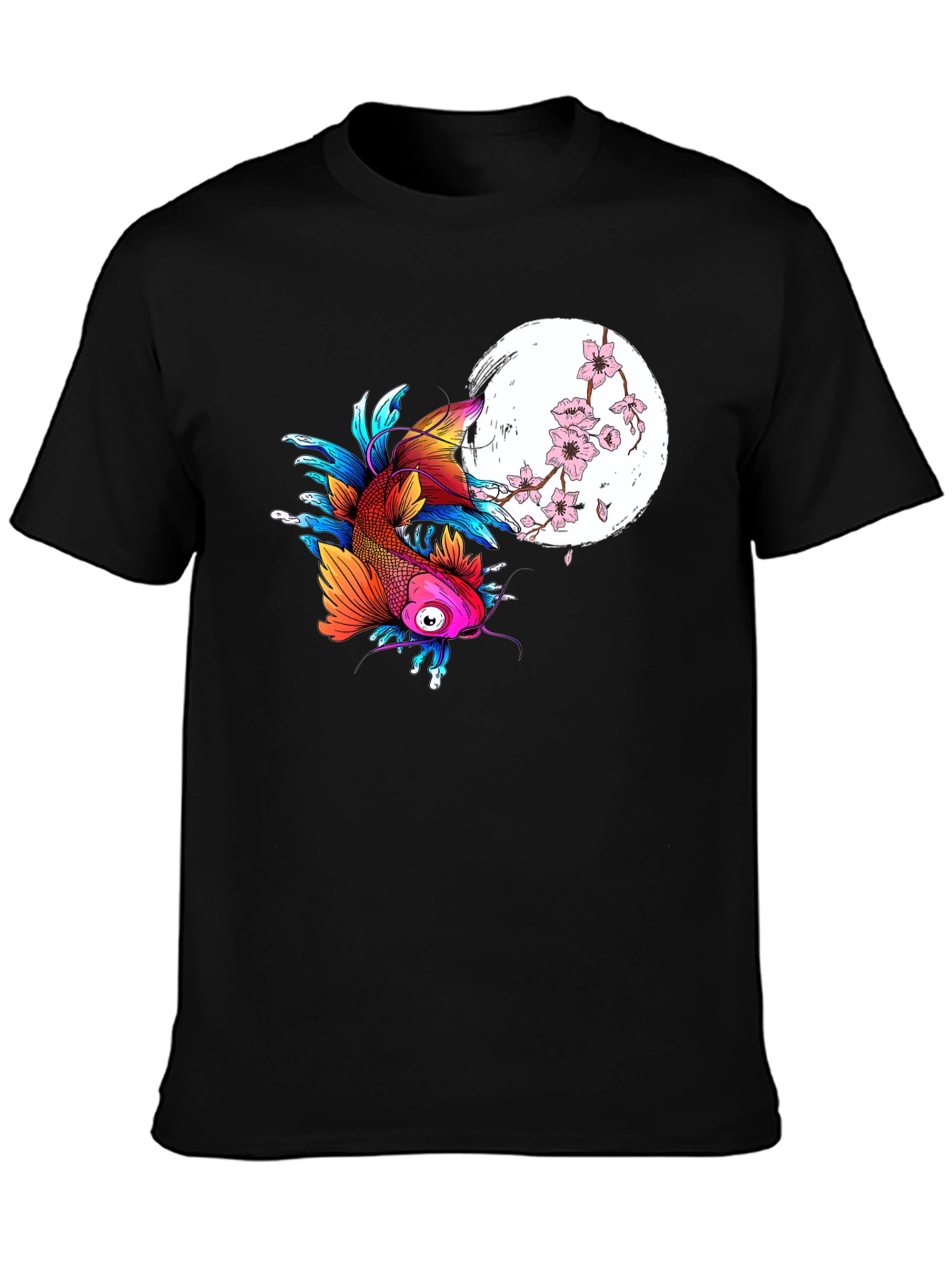 Koi Fish Cherry Blossom Graphic Black Tee