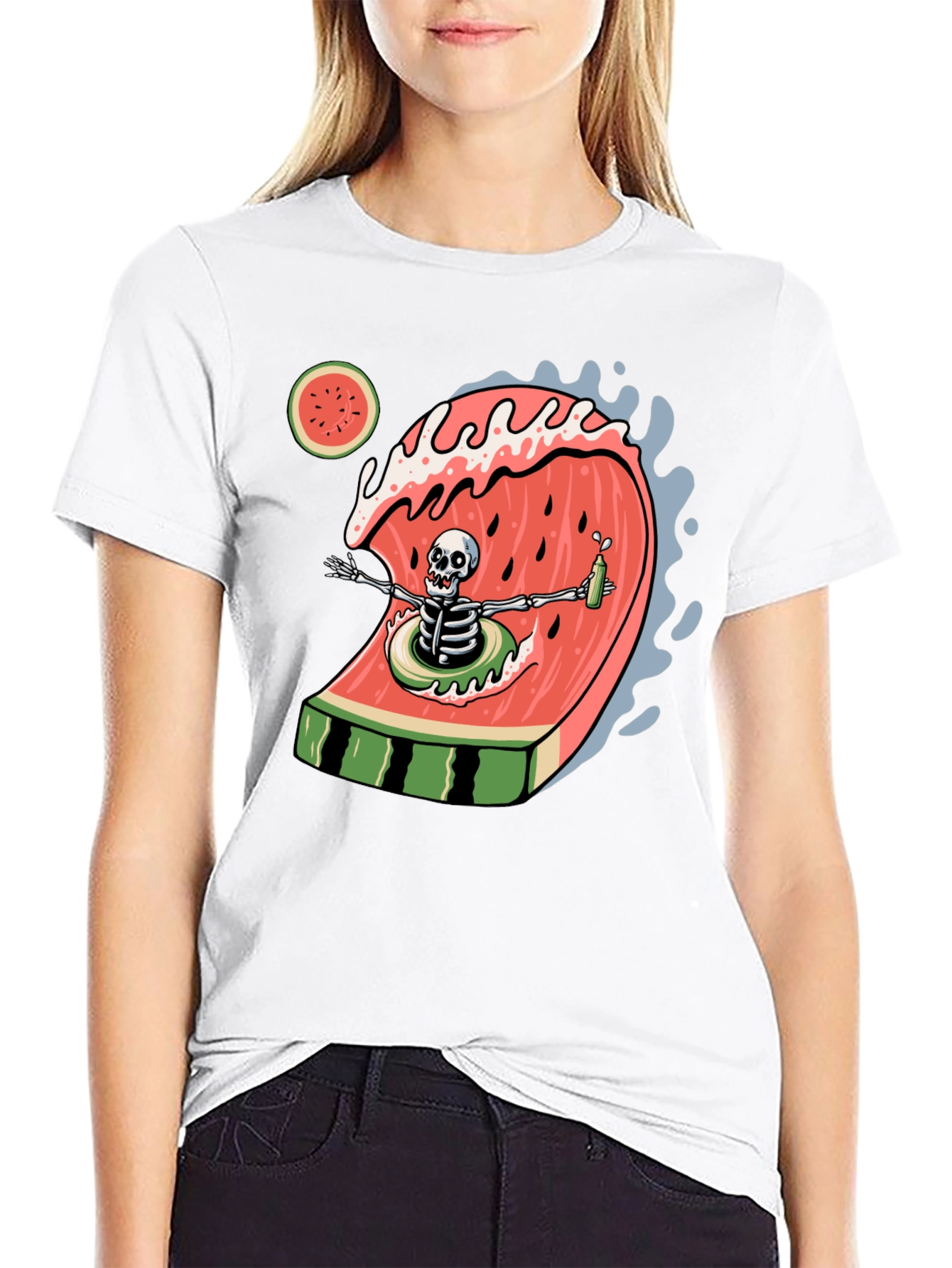 Skeleton Watermelon Wave Graphic Tee - Black