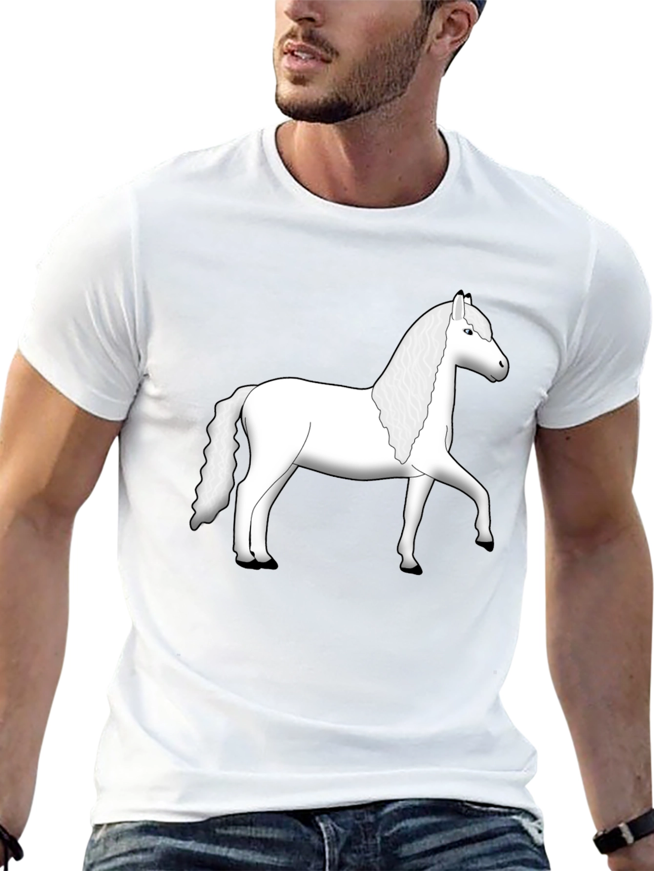 Black T-Shirt with White Horse Graphic