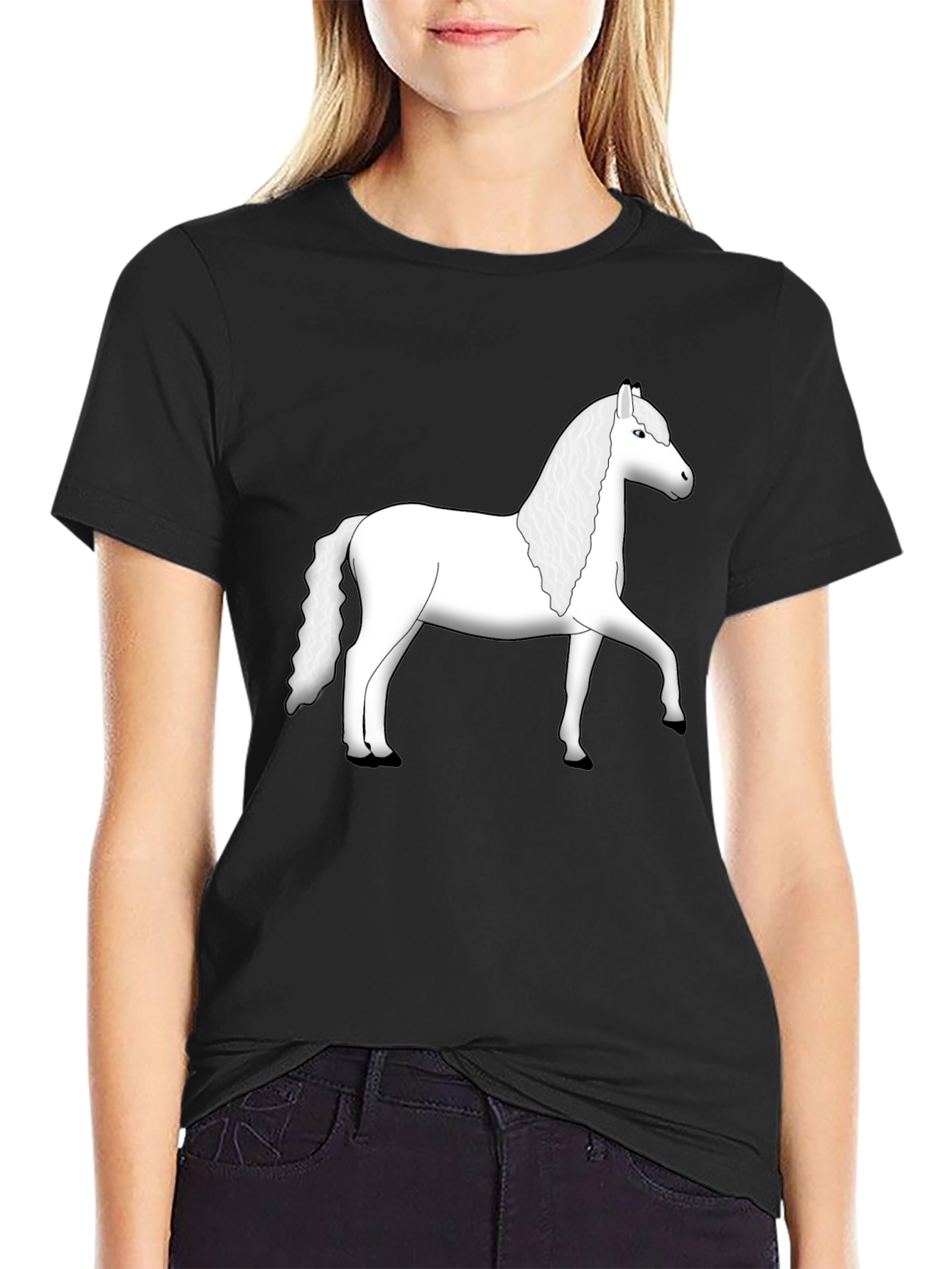 Black T-Shirt with White Horse Graphic