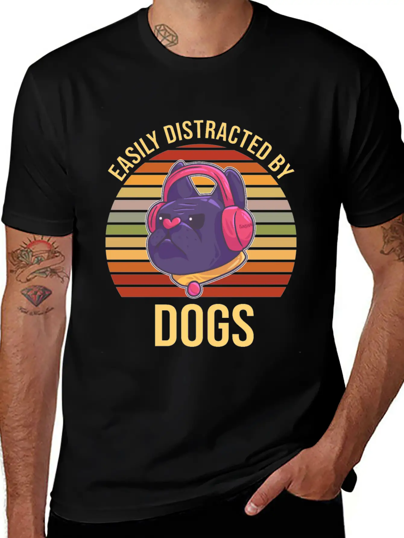 Easily Distracted By Dogs Music Headphones Timeless Short Sleeve Tee – Comfy And Minimalist Design