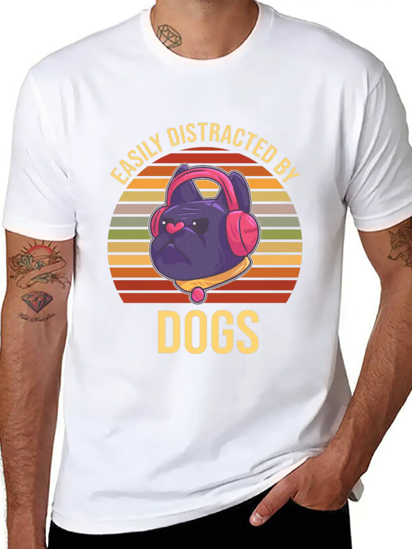 Easily Distracted By Dogs Music Headphones Timeless Short Sleeve Tee – Comfy And Minimalist Design