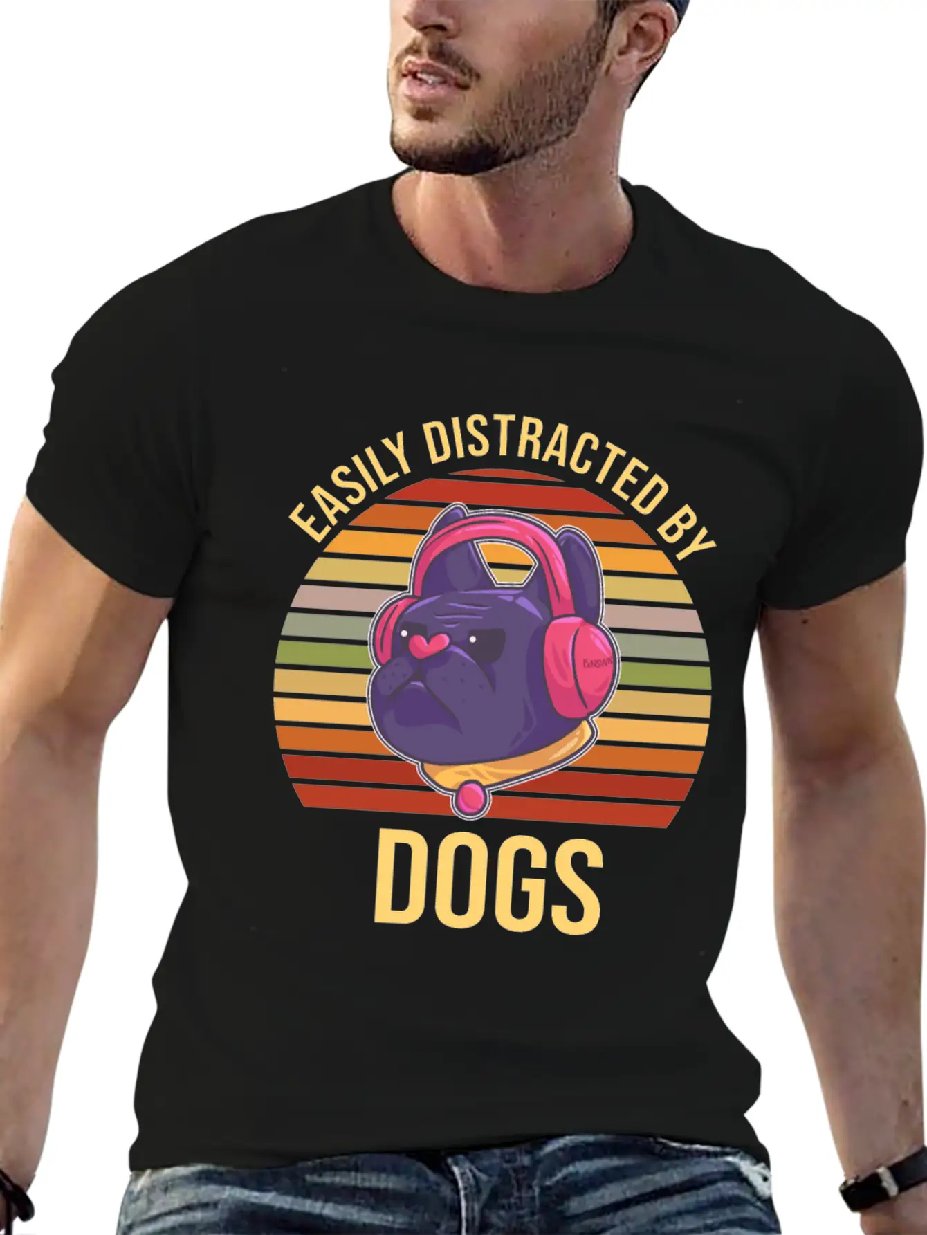 Easily Distracted By Dogs Music Headphones Timeless Short Sleeve Tee – Comfy And Minimalist Design