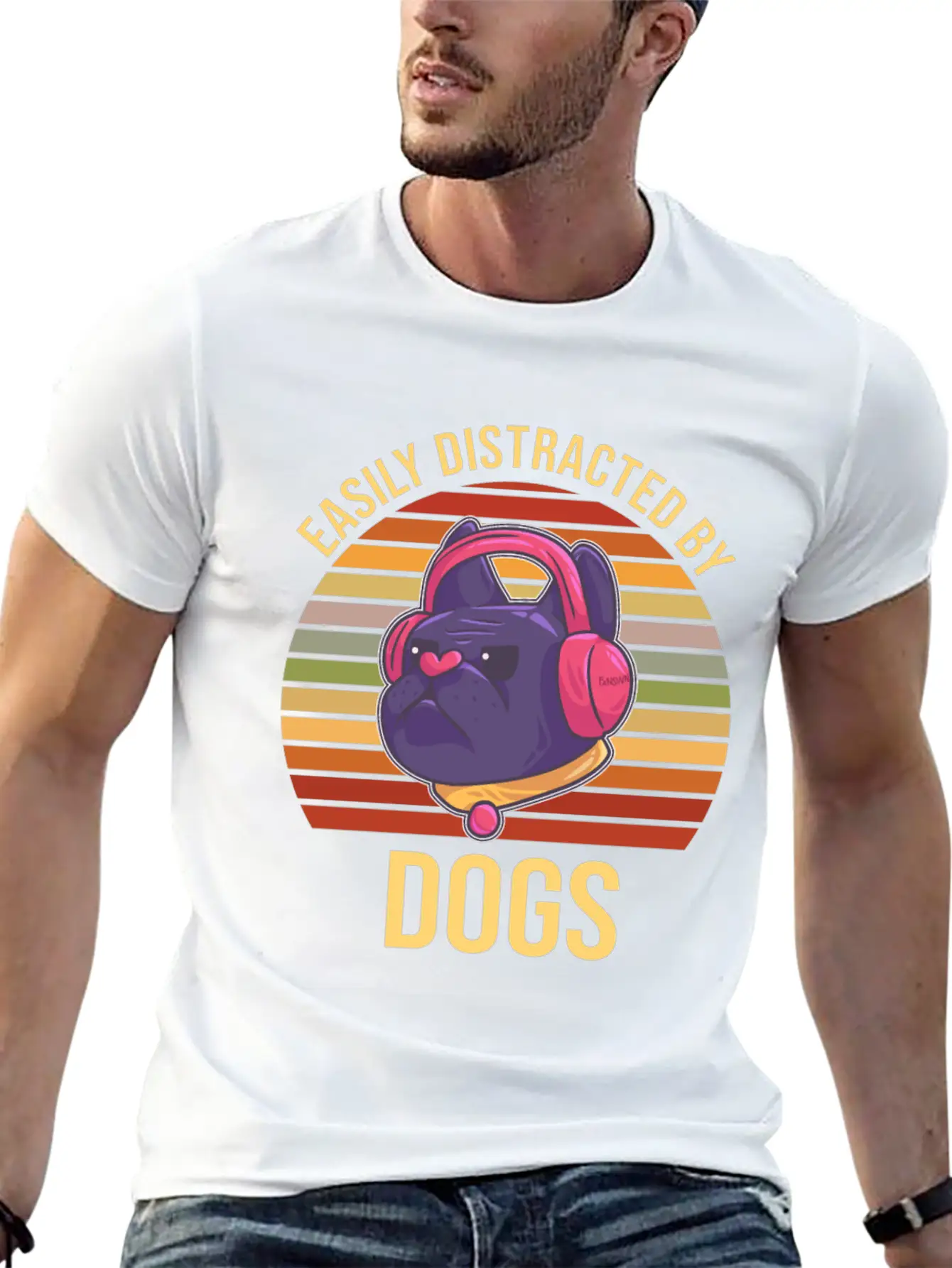 Easily Distracted By Dogs Music Headphones Timeless Short Sleeve Tee – Comfy And Minimalist Design