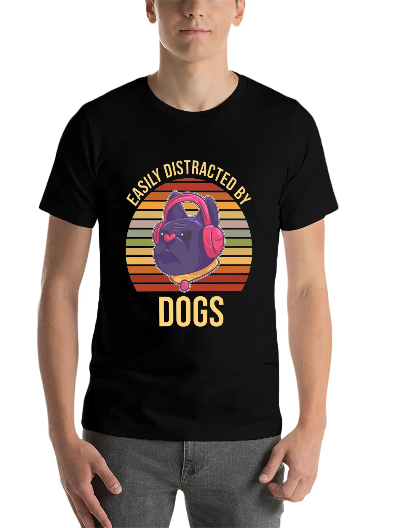 Easily Distracted By Dogs Music Headphones Timeless Short Sleeve Tee – Comfy And Minimalist Design